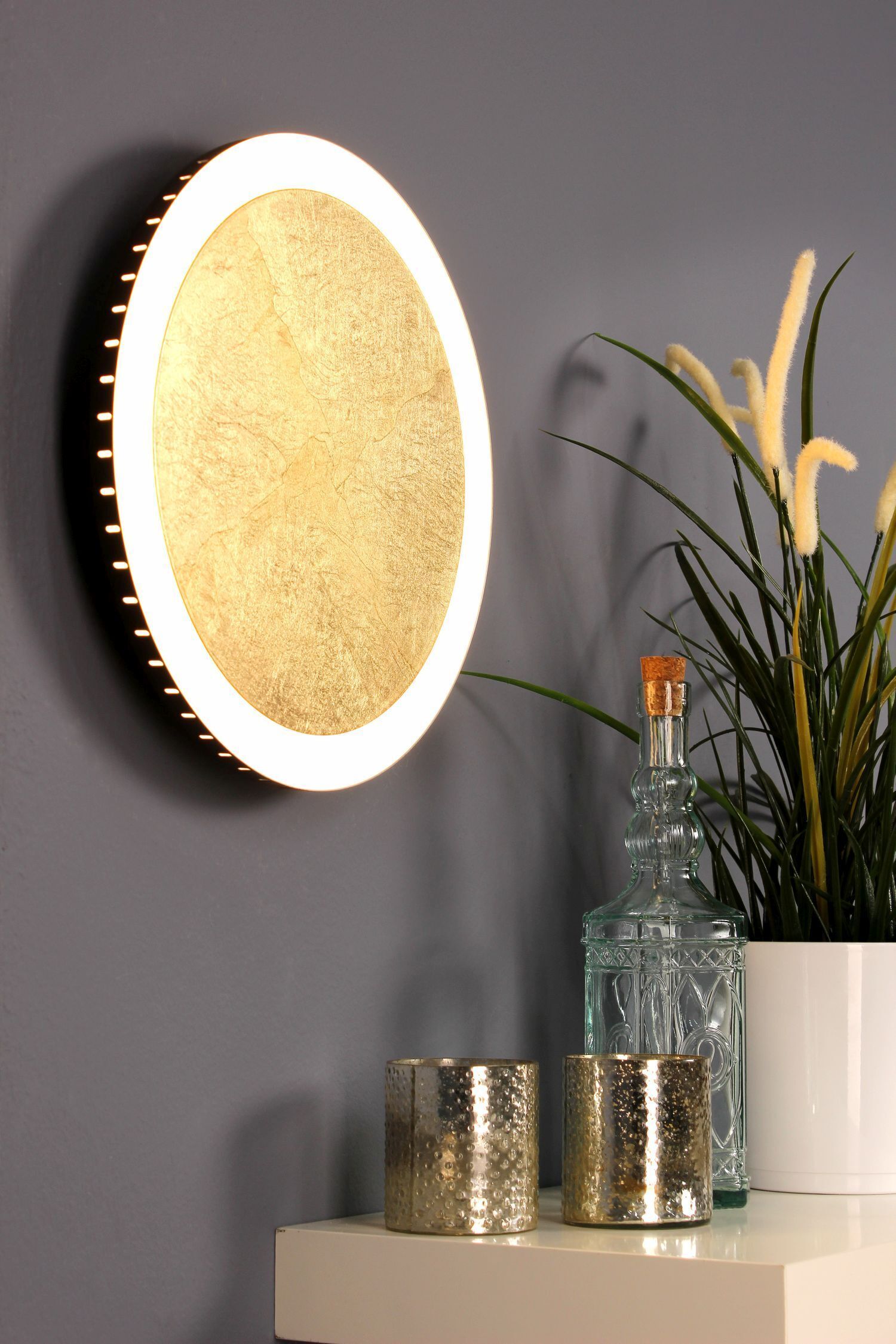 wandlampe, runder spiegel, LED-beleuchtung, glasflasche, dekoration