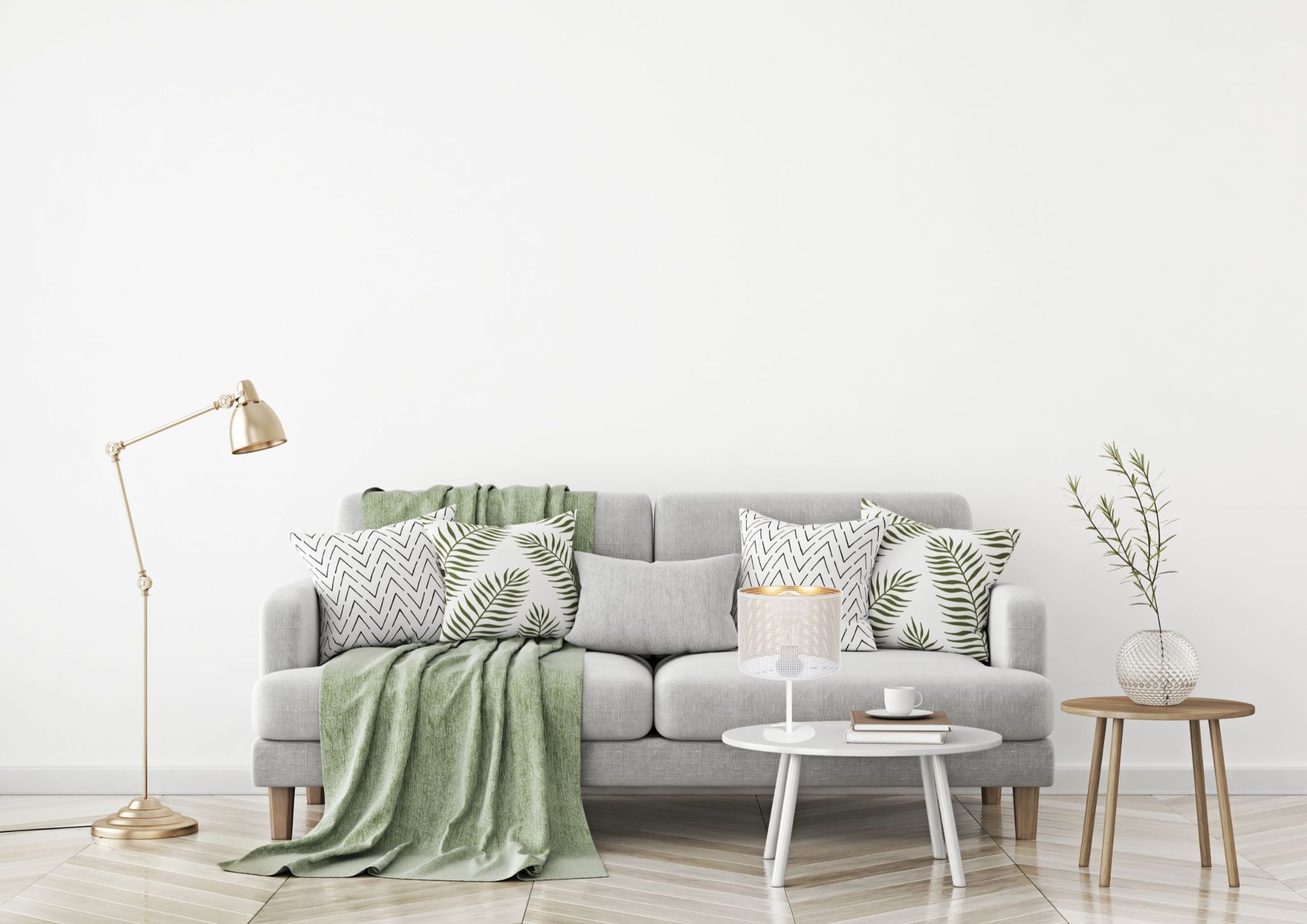 Kleine Tischleuchte Metall Weiß Gold E27 30 cm Loft sofa, couch, wohnzimmer, grüner decke, pflanzen