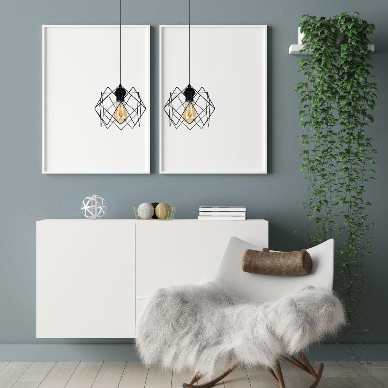 Lampe à suspension allongée Loft Noir Métal E27 2 flammes