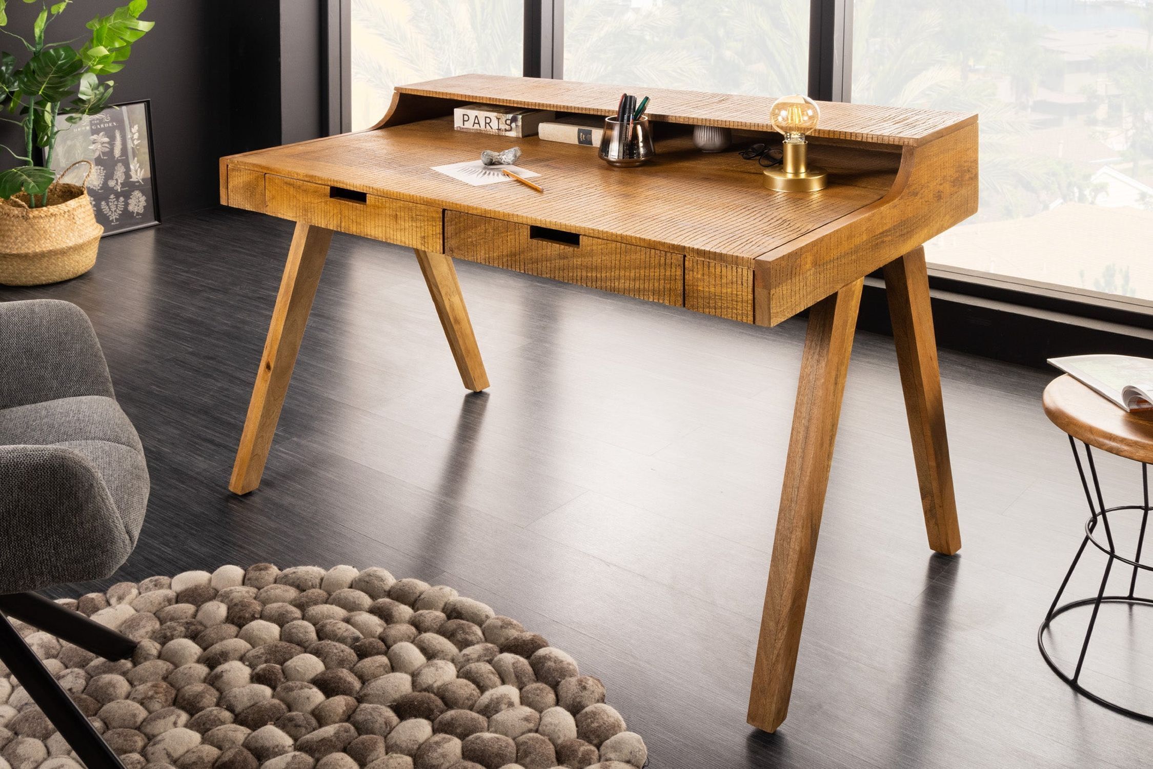 Schreibtisch mit Schublade Mango Holz in Natur 120x86 cm Tabelle, Schreibtisch, Holz, Kaffeetisch, Gebeiztes Holz
