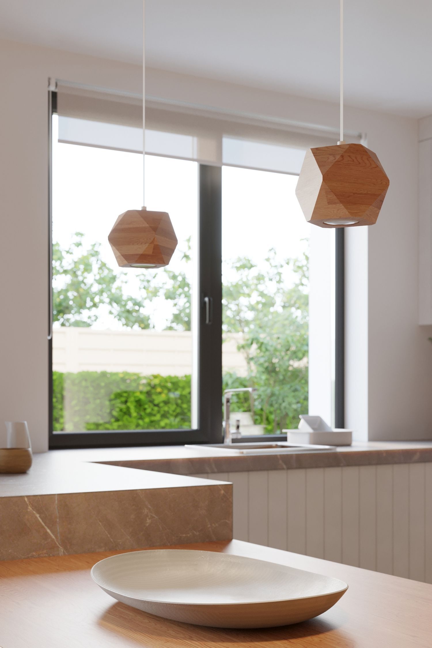 Pendelleuchte, Geometrische Lampe, Holzlampe, Kochinsel, weiße Schale