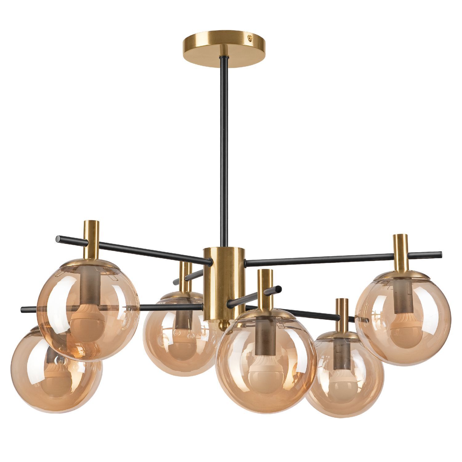 Deckenlampe Glas Metall in Gold Schwarz 6-flmg Modern Chandelier, Glasglobelampe, Deckenleuchte, Bronze, Glastüllen