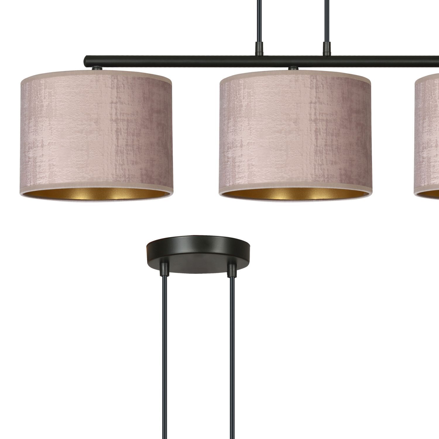 Lampe à suspendre métal tissu L : 72 cm noir rose or 3 flammes