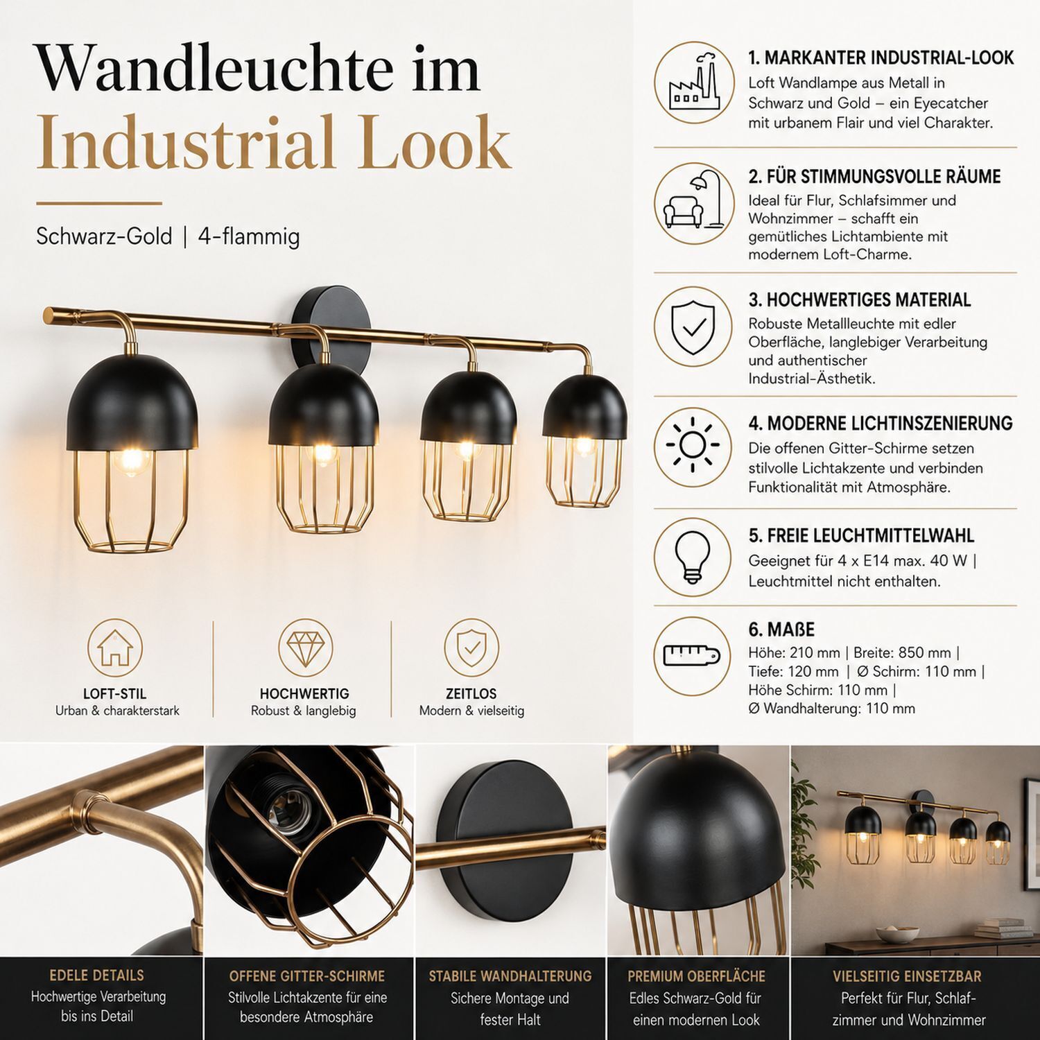 wandleuchte-wandlampe-4-flammig-metall-schwarz-messing-4 industrial-look, wandlampe, schwarz-gold, mehrfachlich, metallisch