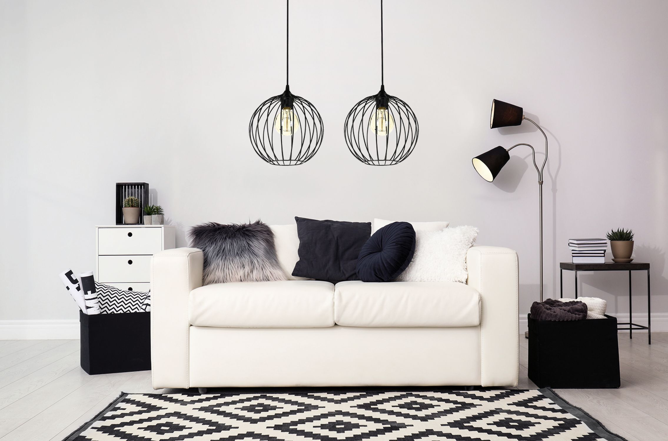 Suspension E27 noir métal 2 flammes L:60 cm