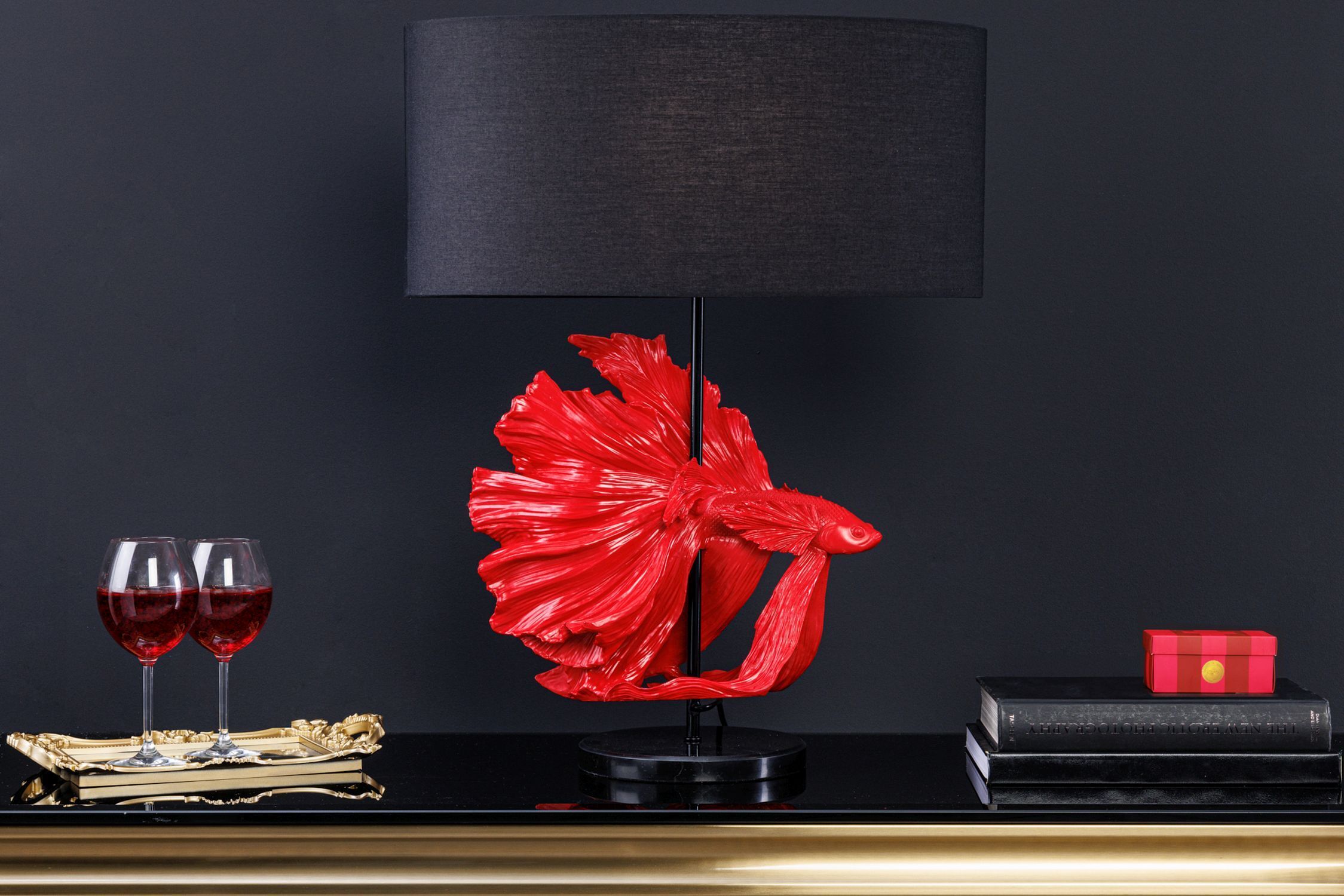 Lampe de table Marbre Tissu Rouge Noir 64 cm confortable