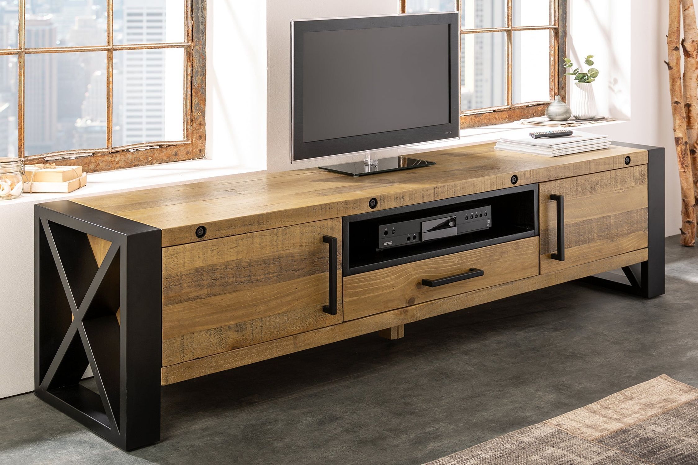TV Lowboard 200 cm de large piètement à patins Design industriel Computerausrüstung, Überwachen, Bildschirm, Anrichte, Innenarchitektur