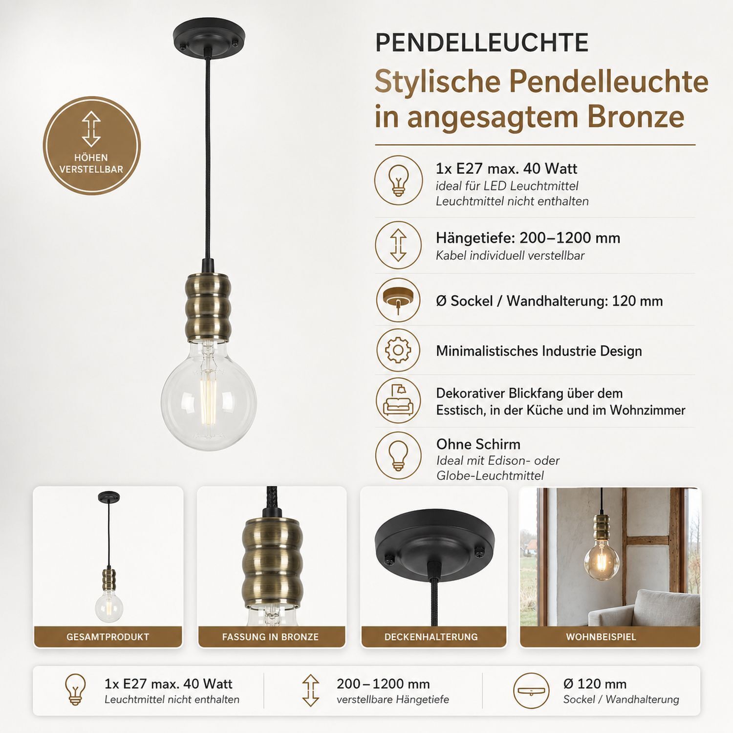 Pendelleuchte, Glühbirne, Bronze, Hängetechnik, industriales Design