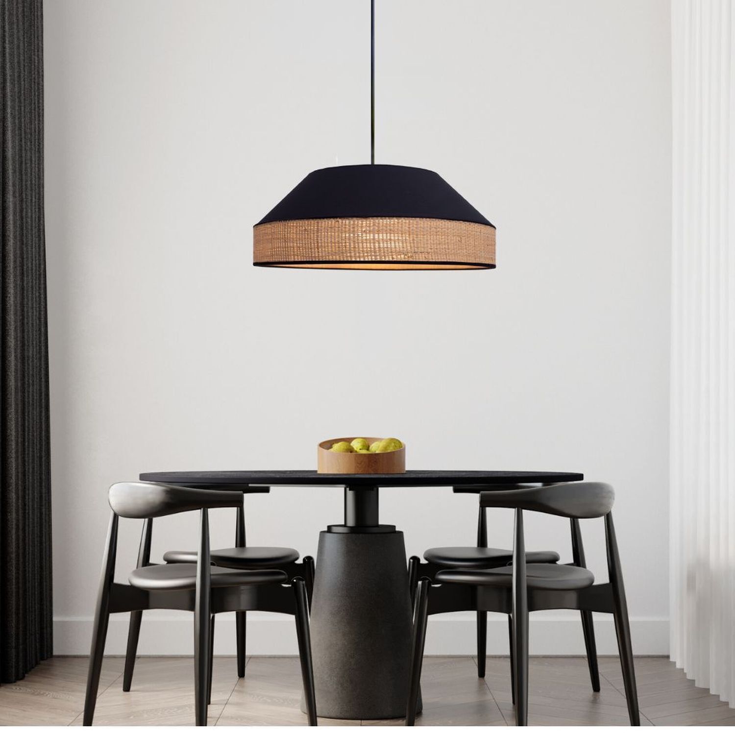 Runde Hängelampe Stoff Rattan Schwarz Natur E27 Ø45 cm Esstisch, Runder Tisch, Holzstuhl, Hängelampe, Dekoration