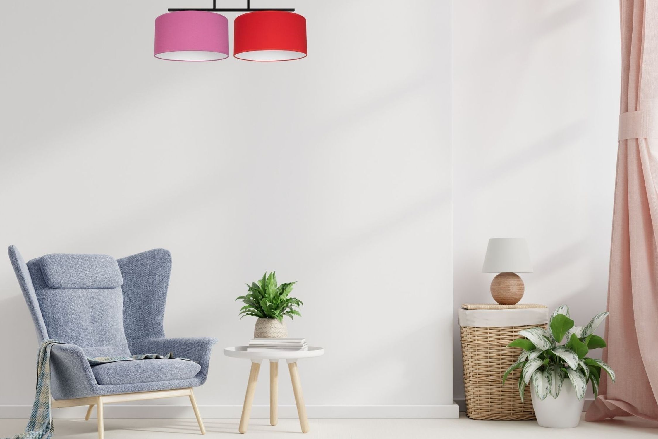 Gemütliche Deckenlampe Stoff Rosa Rot E27 L:70 cm Sessel, Wohnzimmerstuhl, Gartenstuhl, Beistelltisch, Pflanze