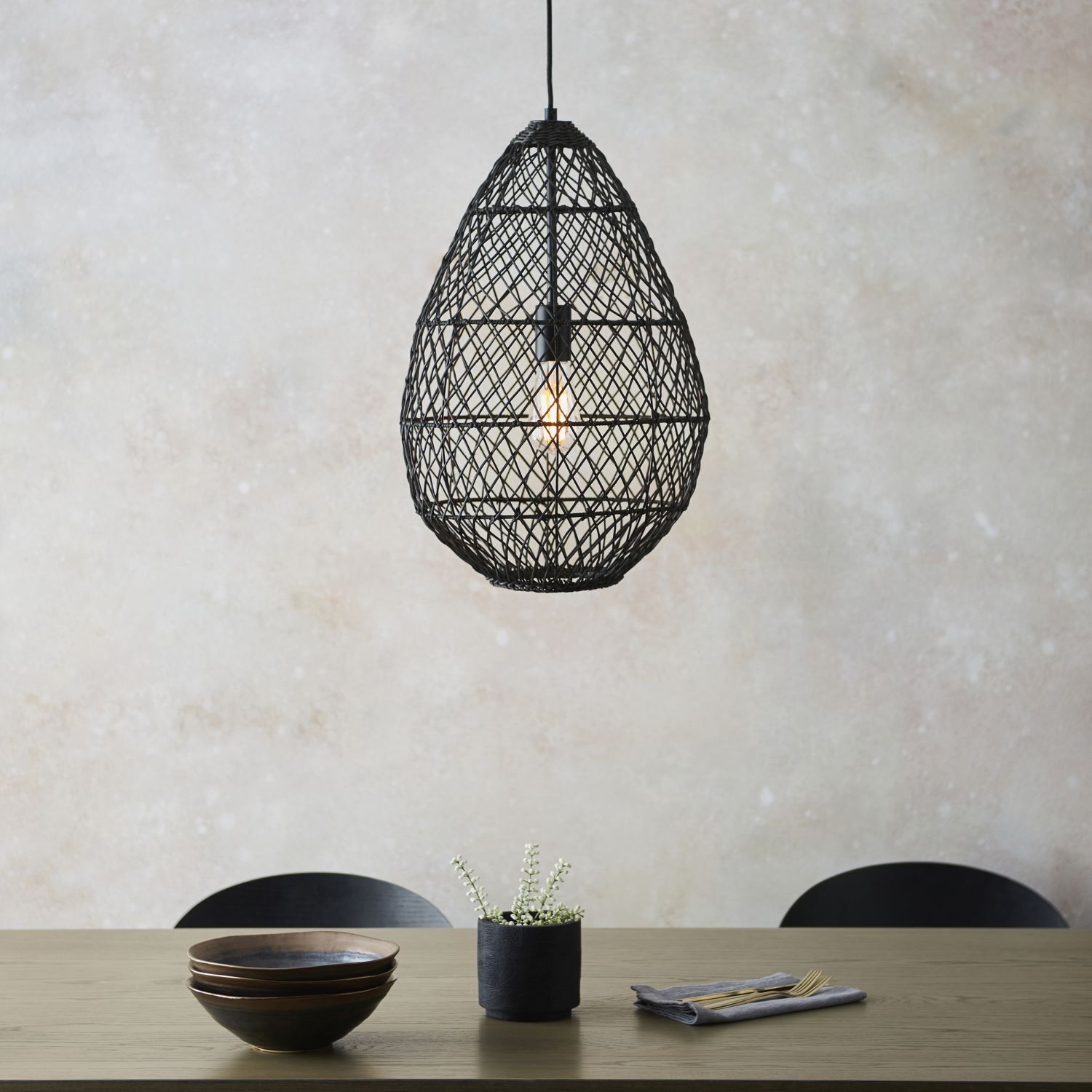 Lampe à suspendre noire en rotin métal Ø 35 cm artisanale Boho