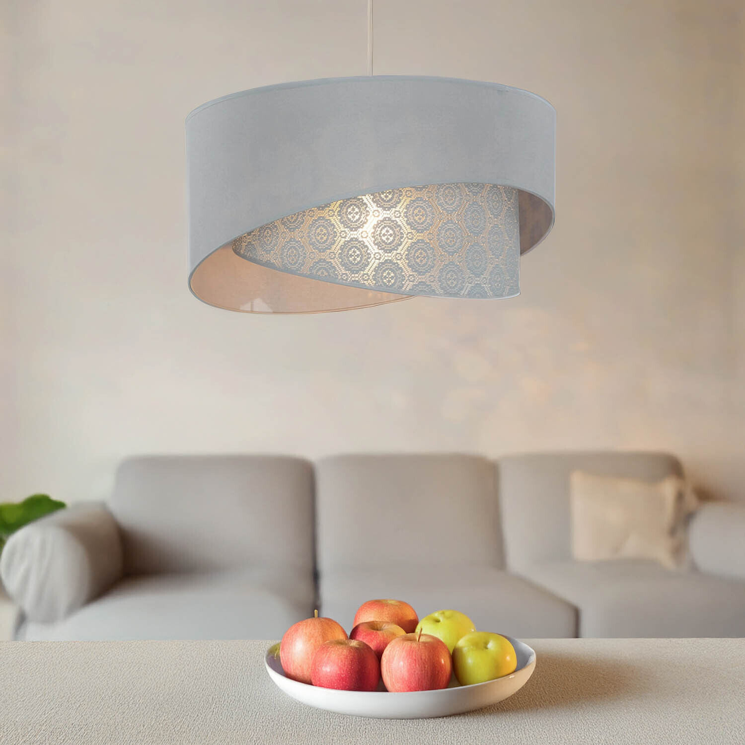Graue Hängelampe Stoff Spitze SELMA Schlafzimmer Deckenleuchte, Lampe, Apfel, Produzieren, Couch