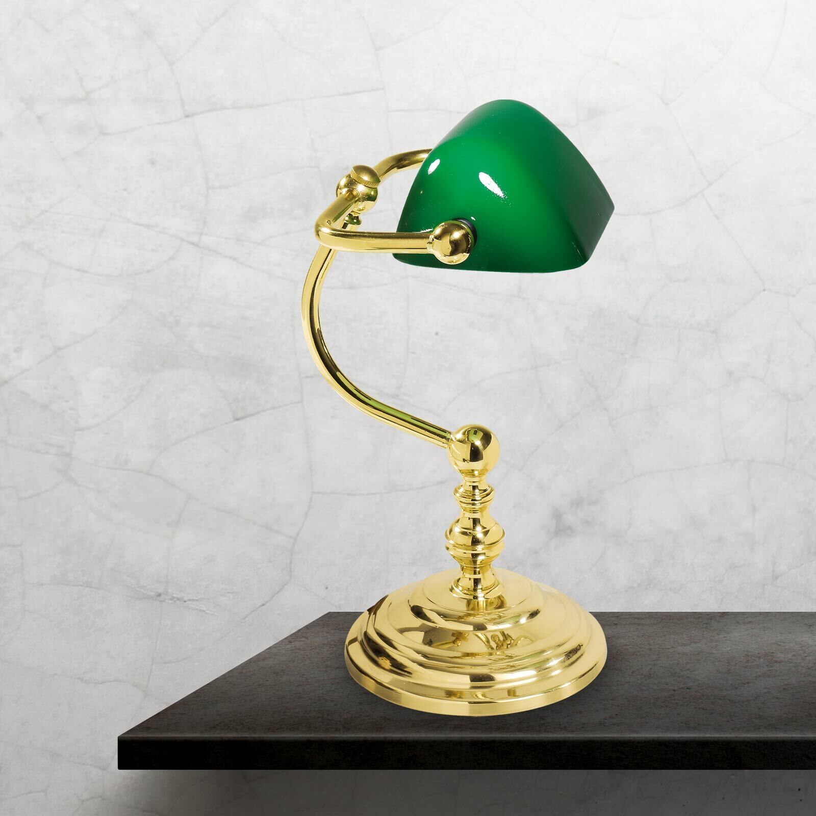 Bankerlampe Grün Messing massiv Glas 29 cm hoch schwenkbar Lampe, Tischlampe
