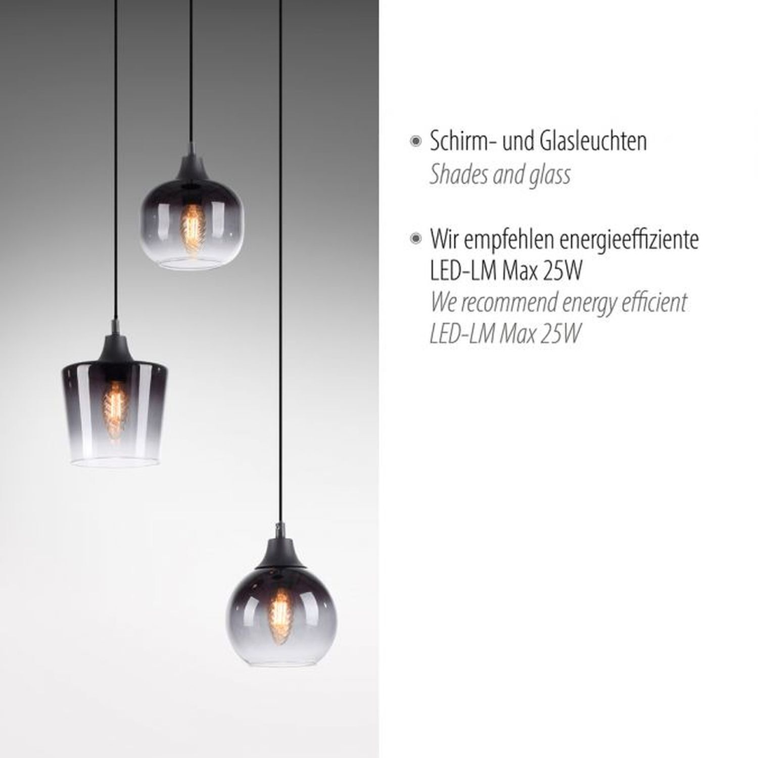 Suspension verre métal gris fumé noir E14 L:38 cm