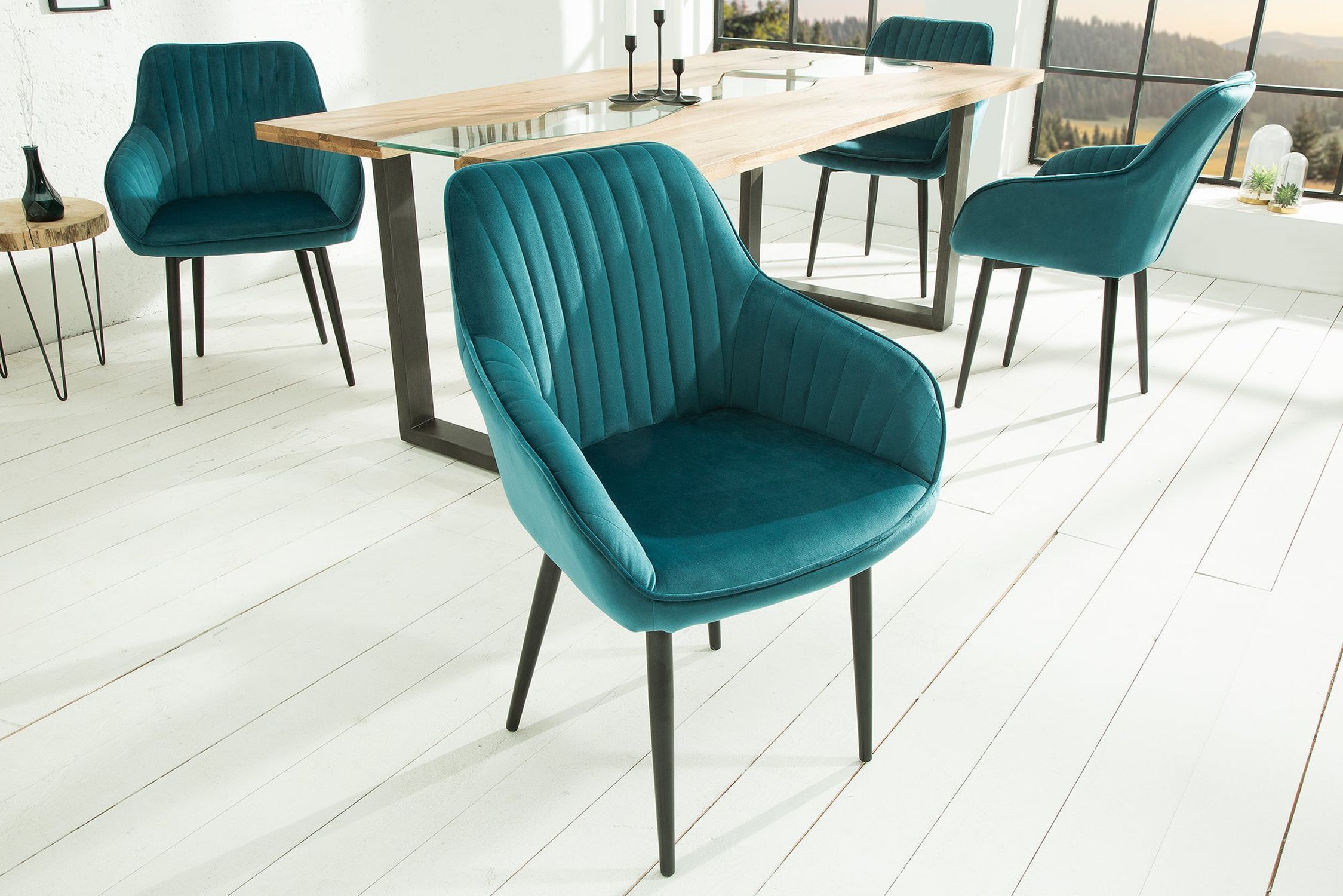 Chaise de salle à manger turquoise noir en velours métal avec accoudoirs Moebel, Drinnen, Innenarchitektur, Stuhl, Tischplatte