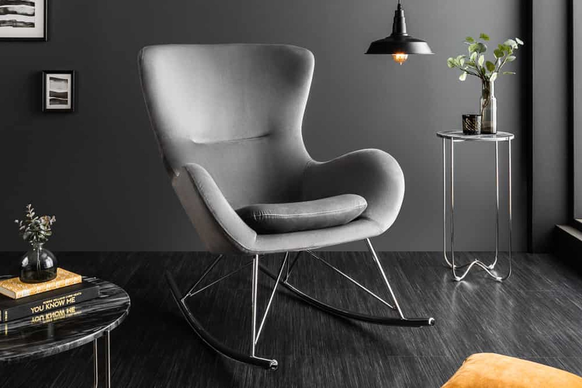 Fauteuil à bascule avec accoudoirs velours métal gris noir Moebel, Stuhl