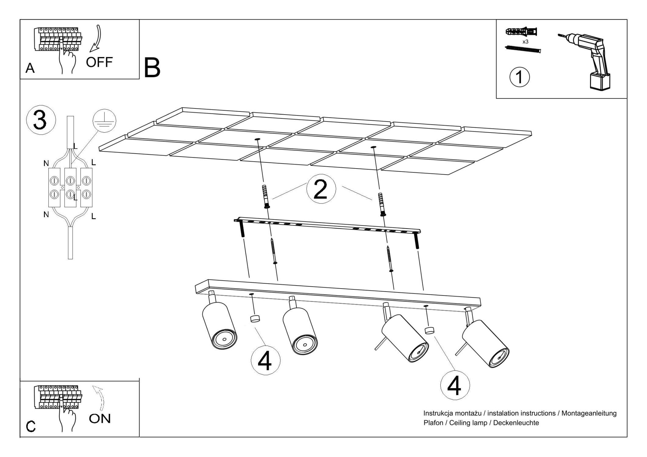 Projecteur de plafond 4 flammes GU10 80 cm de long noir métal