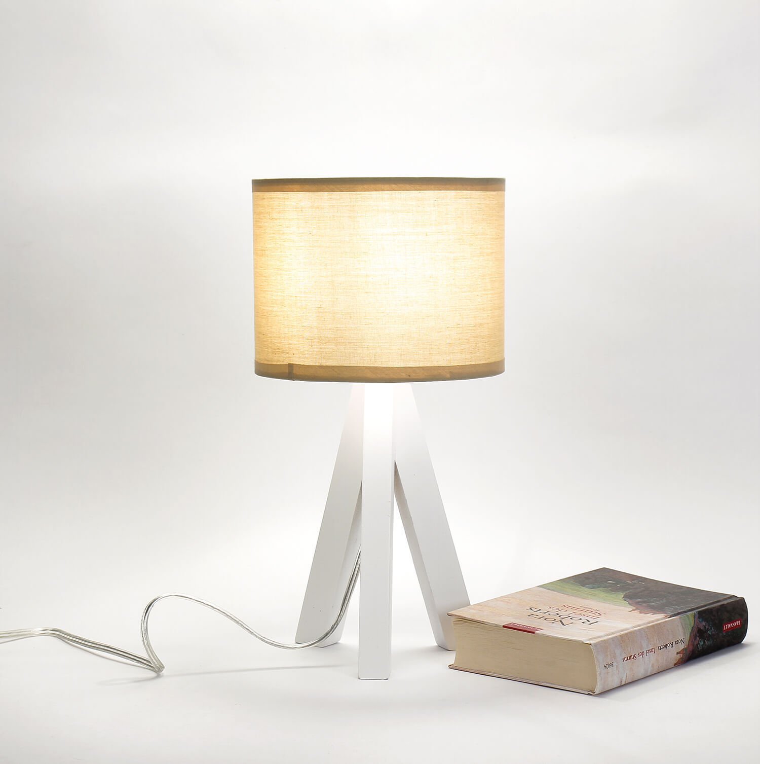 Lampe de table Crème Trépied Bois Tissu E14