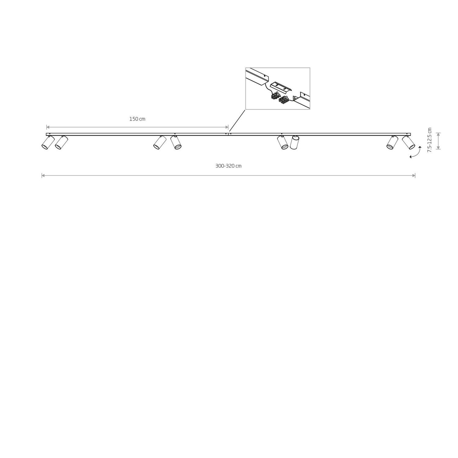 Schienensystem, Track lighting, Mehrfach-Spots, Stromanordnung, Länge 300-320 cm