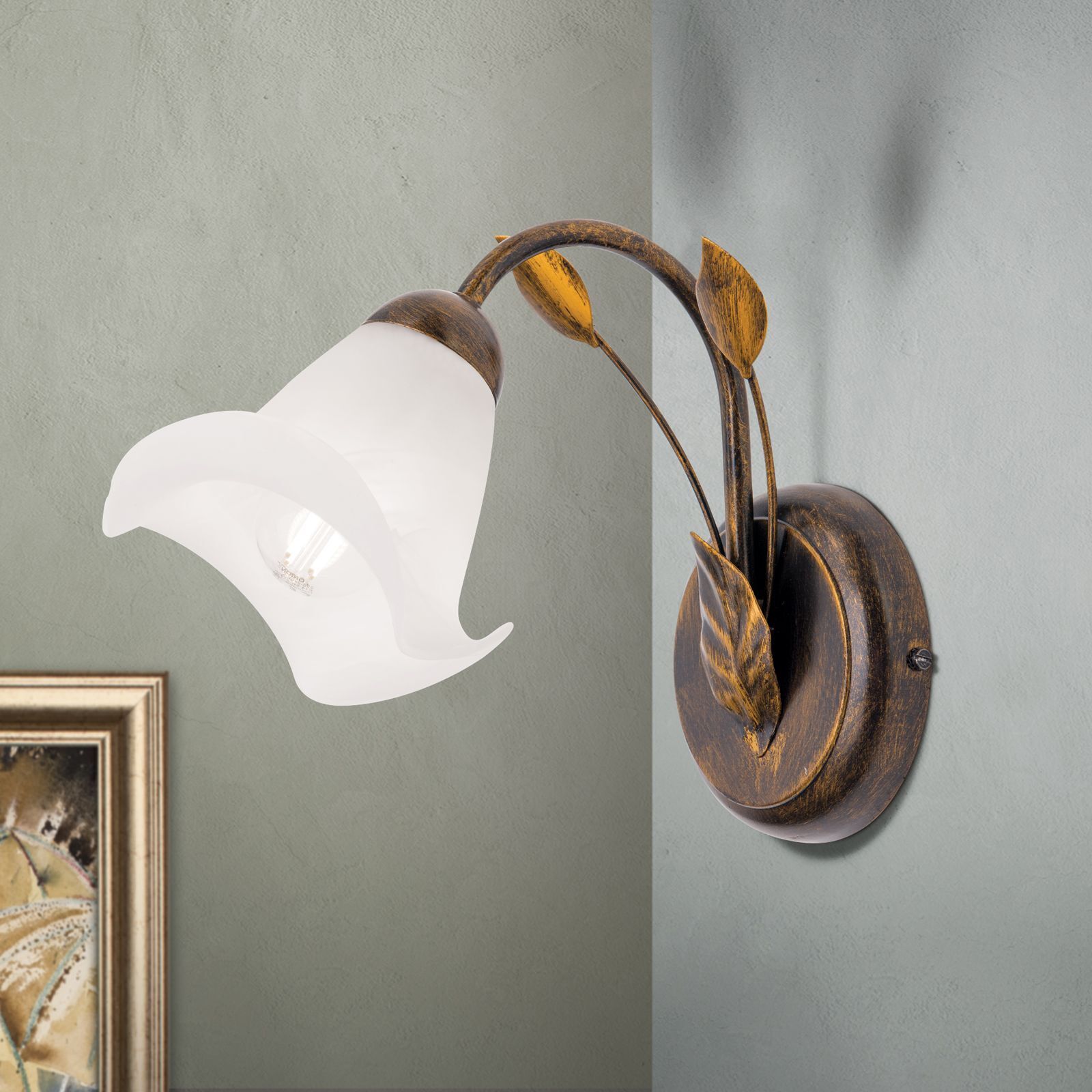 Wandlampe Metall Glas H: 21 cm Shabby Antik Weiß E14 Wandleuchte, Wandlampe, Metall, Bronze, Blattdekor
