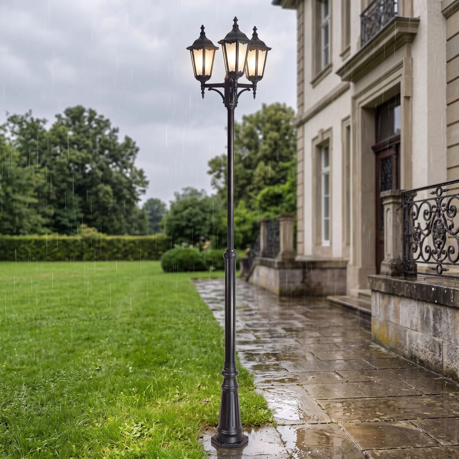 aussen-stehleuchte-wegeleuchte-dilsen-3-flammig-schwarz-rustikal-308-1 Laterne, Straßenlaterne, Gartenbeleuchtung, Außenbeleuchtung, Lampe