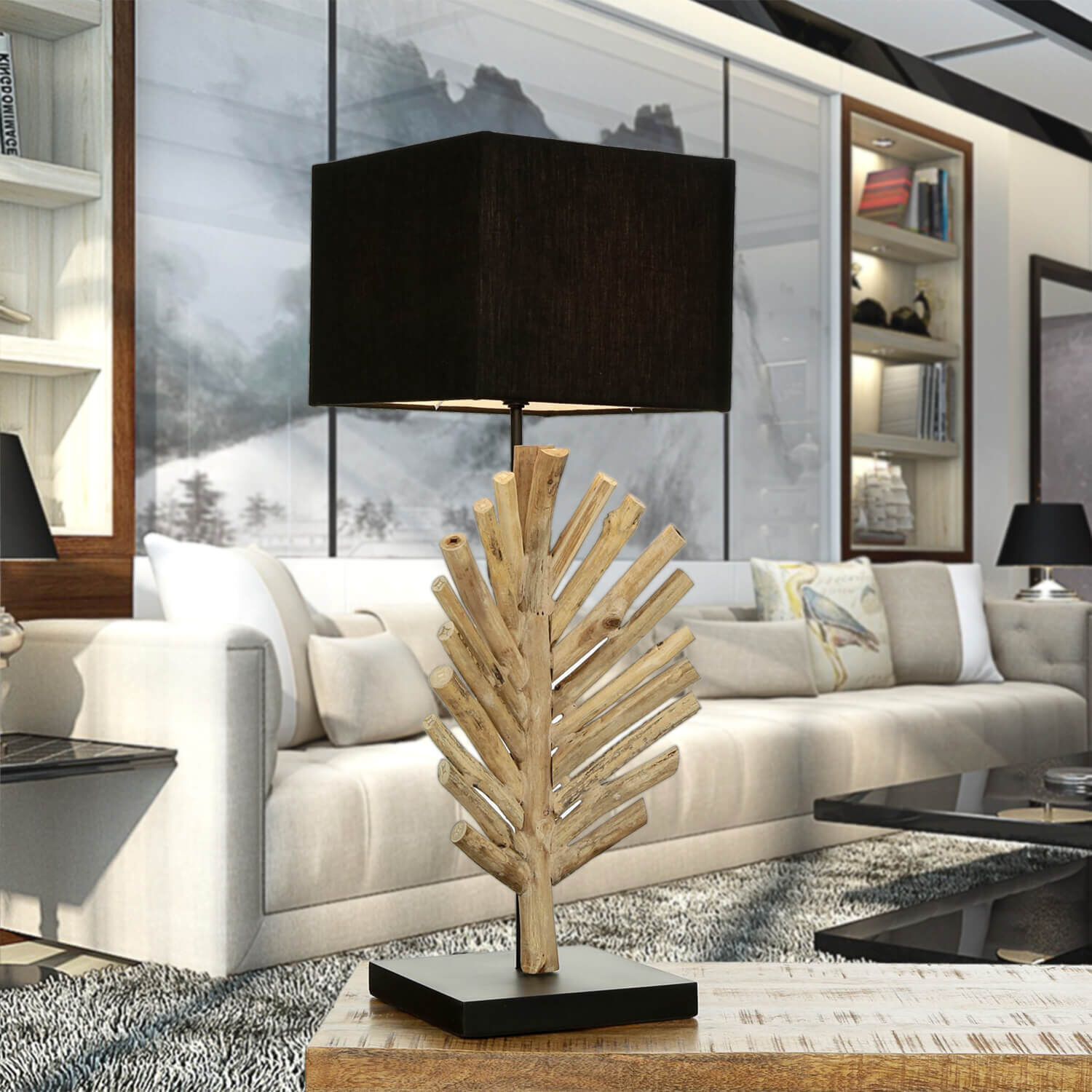 Lampe de table bois flotté tissu 69 cm E27 artisanat SAWATH Lampe, Drinnen, Innenarchitektur, Mobiliar