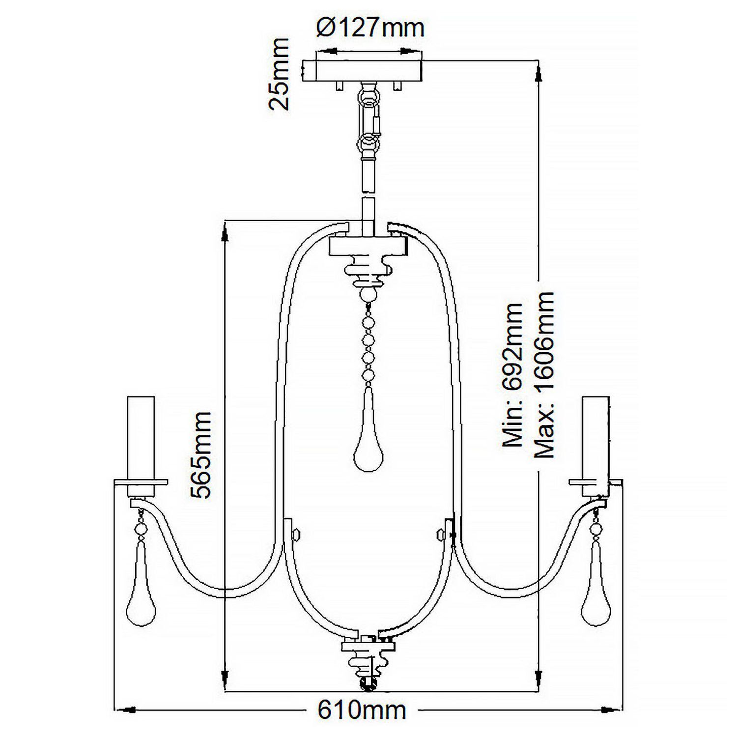Lustre cristal métal 61 cm de large 5x E14 Classique Drinnen