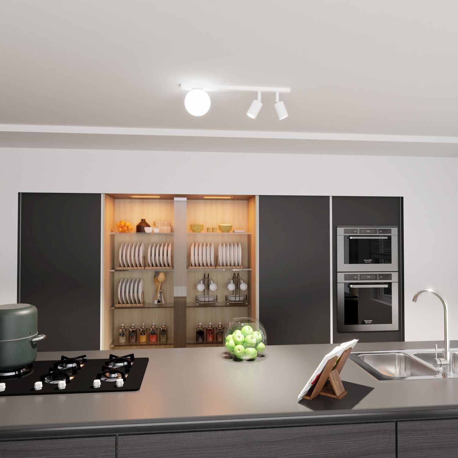 Spot de plafond 60 cm long Blanc GU10 + E14 Métal Verre