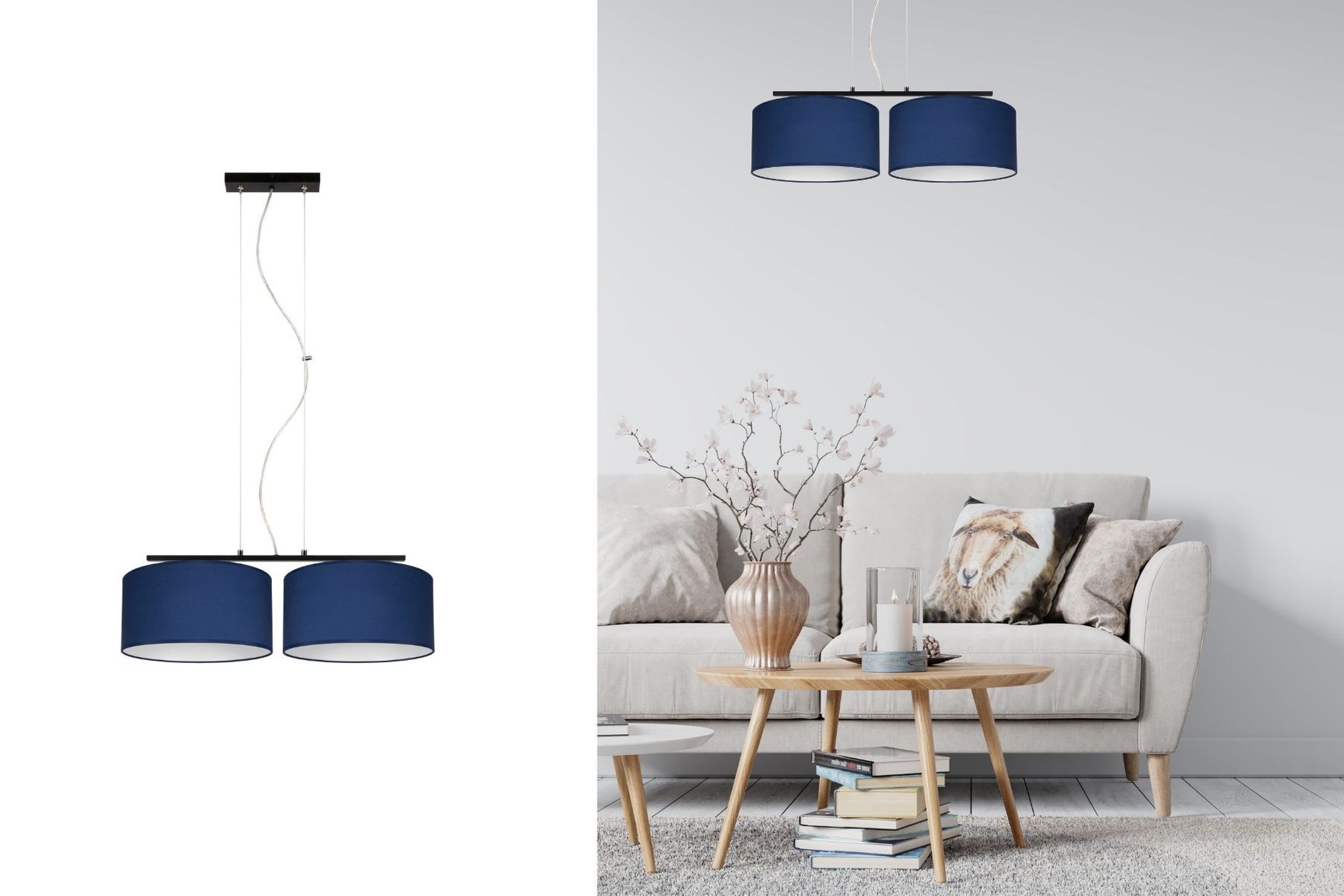 Suspension allongée 2 flammes tissu noir bleu E27