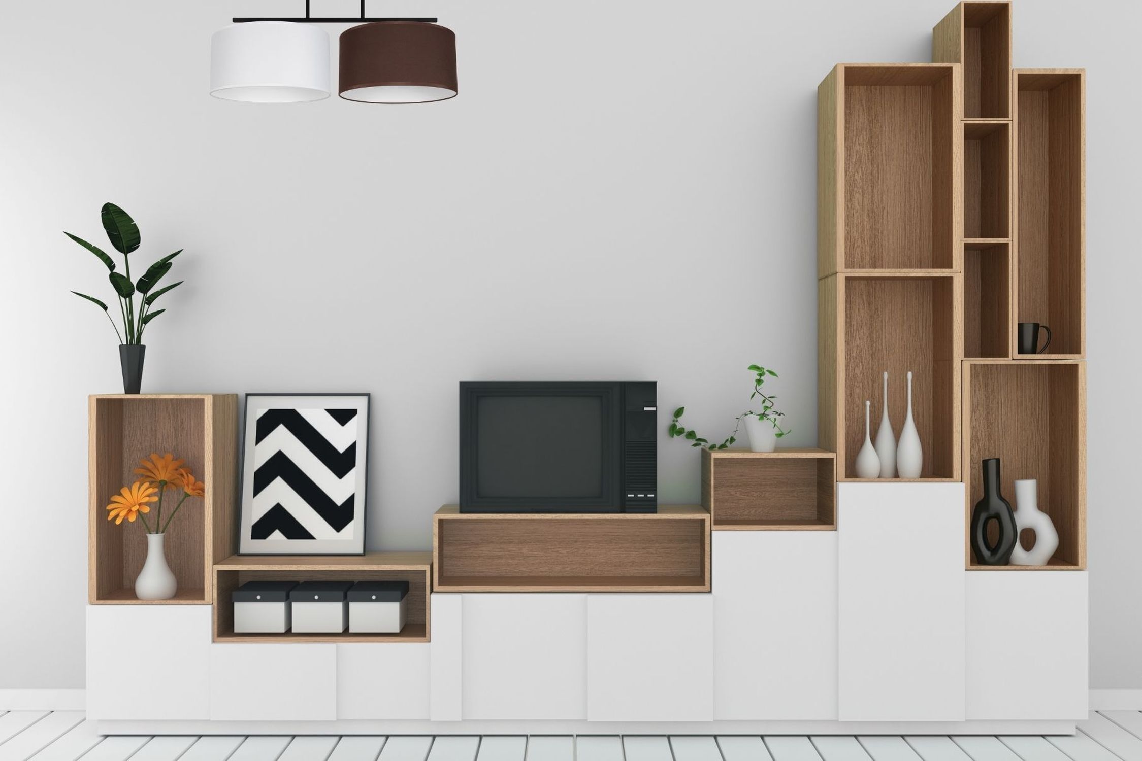 Blendarme Deckenleuchte Stoff Weiß Braun E27 L:70 cm wohnwand, regalwand, tv-möbel, holzregal, vitrine