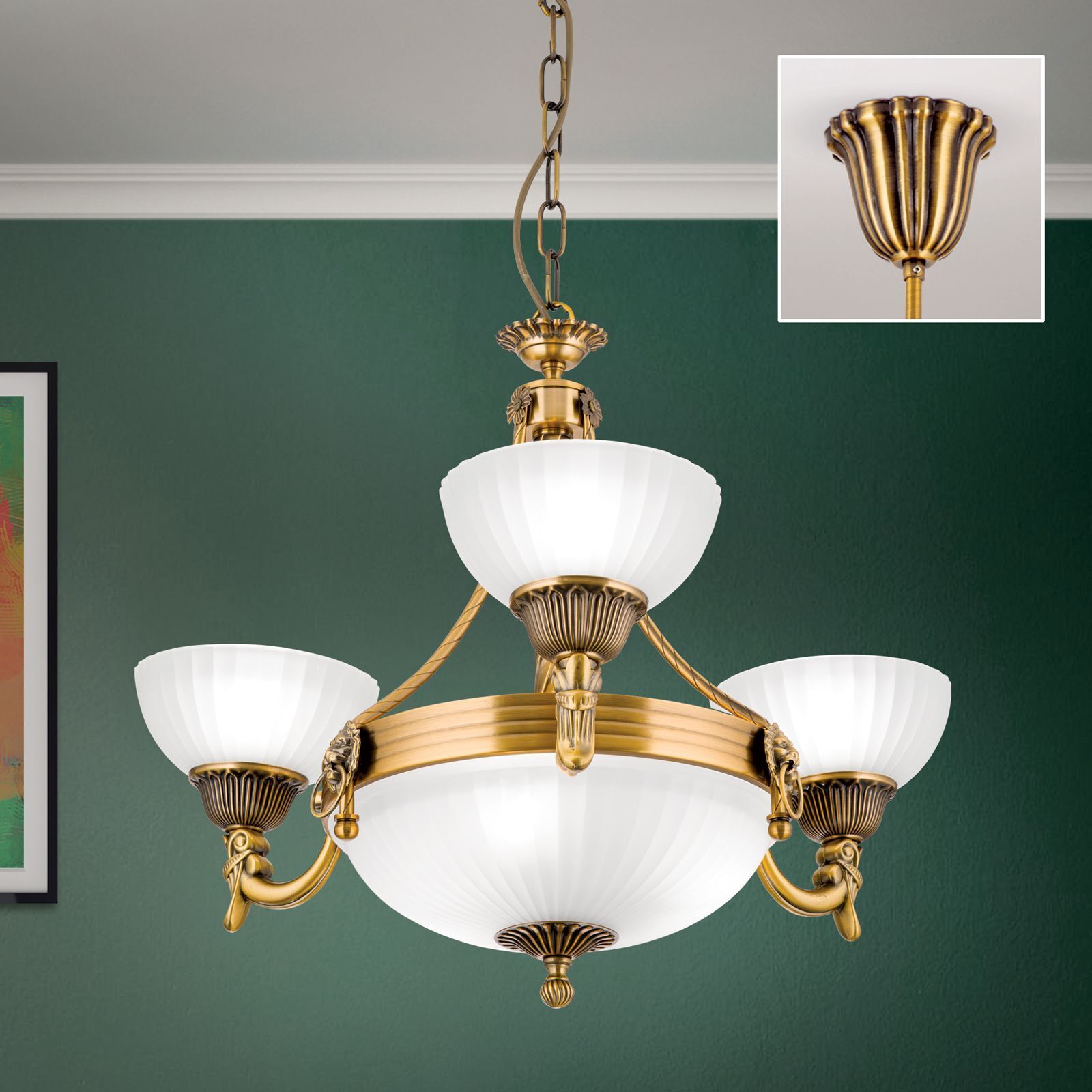 Chandelier, Gold finish, Glass shade, Deckenlampe, Dreistufig
