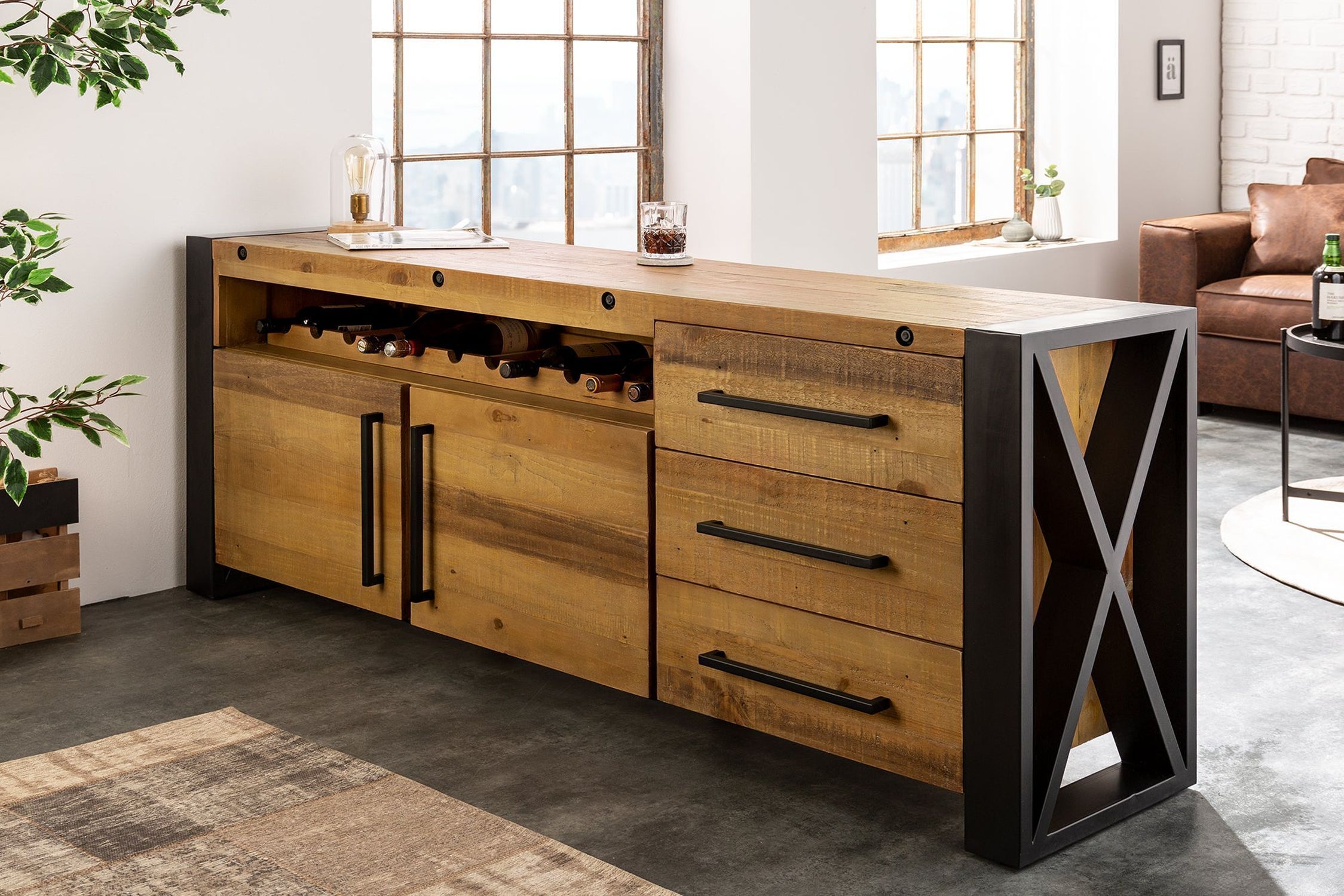 Grand sideboard bois fer 195 cm de large design industriel Moebel, Anrichte, Innenarchitektur, Holz, Küche