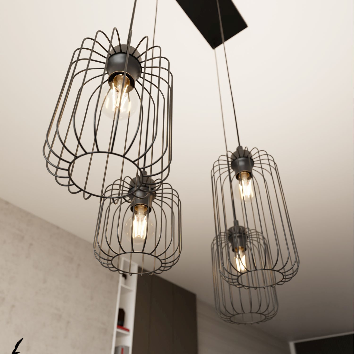 Pendellicht, hängende Lampe, Drahtkäfig, offener Glühbirne, Mehrfachbirne