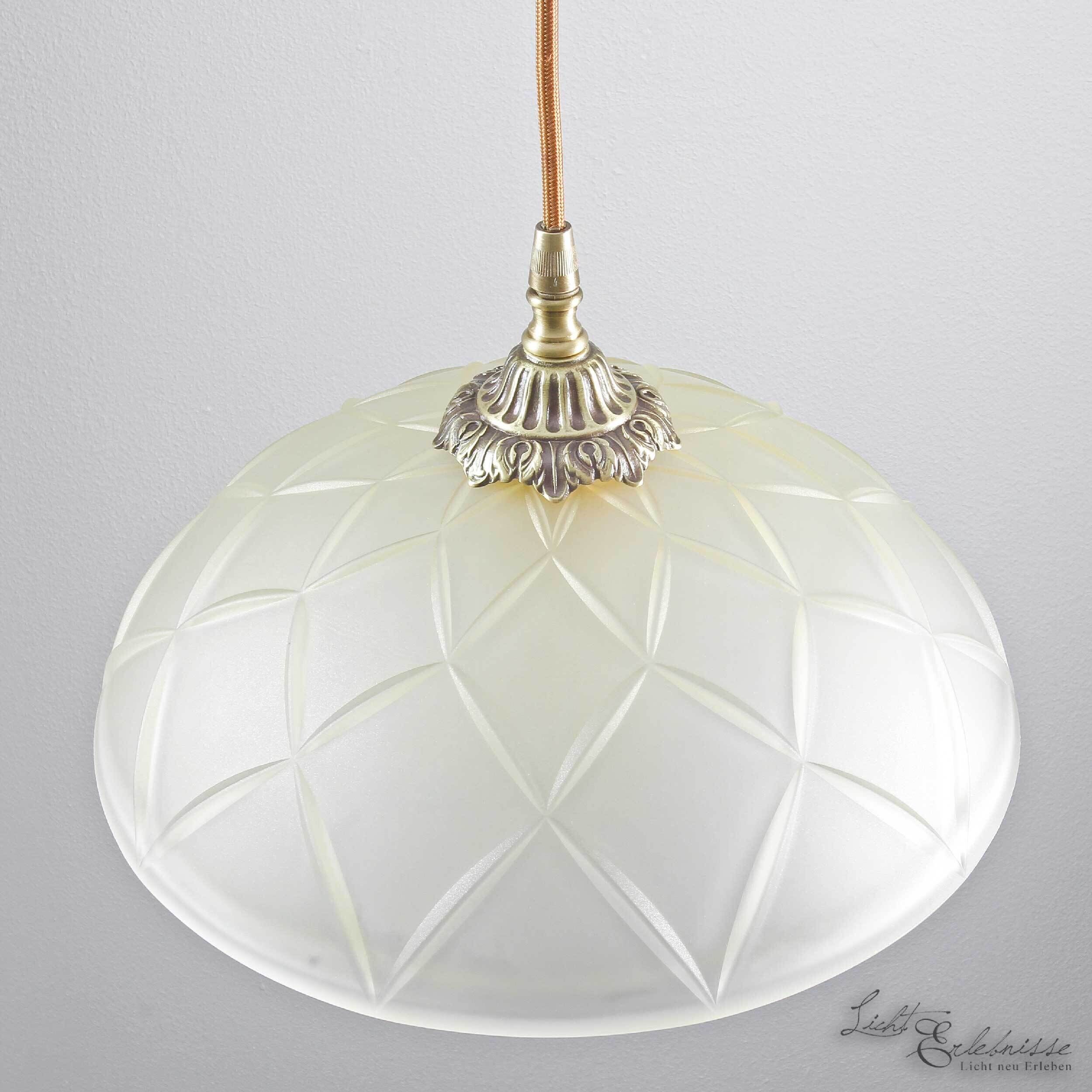 Echt-Messing Hängelampe mit Ornament & Glasschirm Lampe, Leuchte, Kronleuchter, Lampenschirm