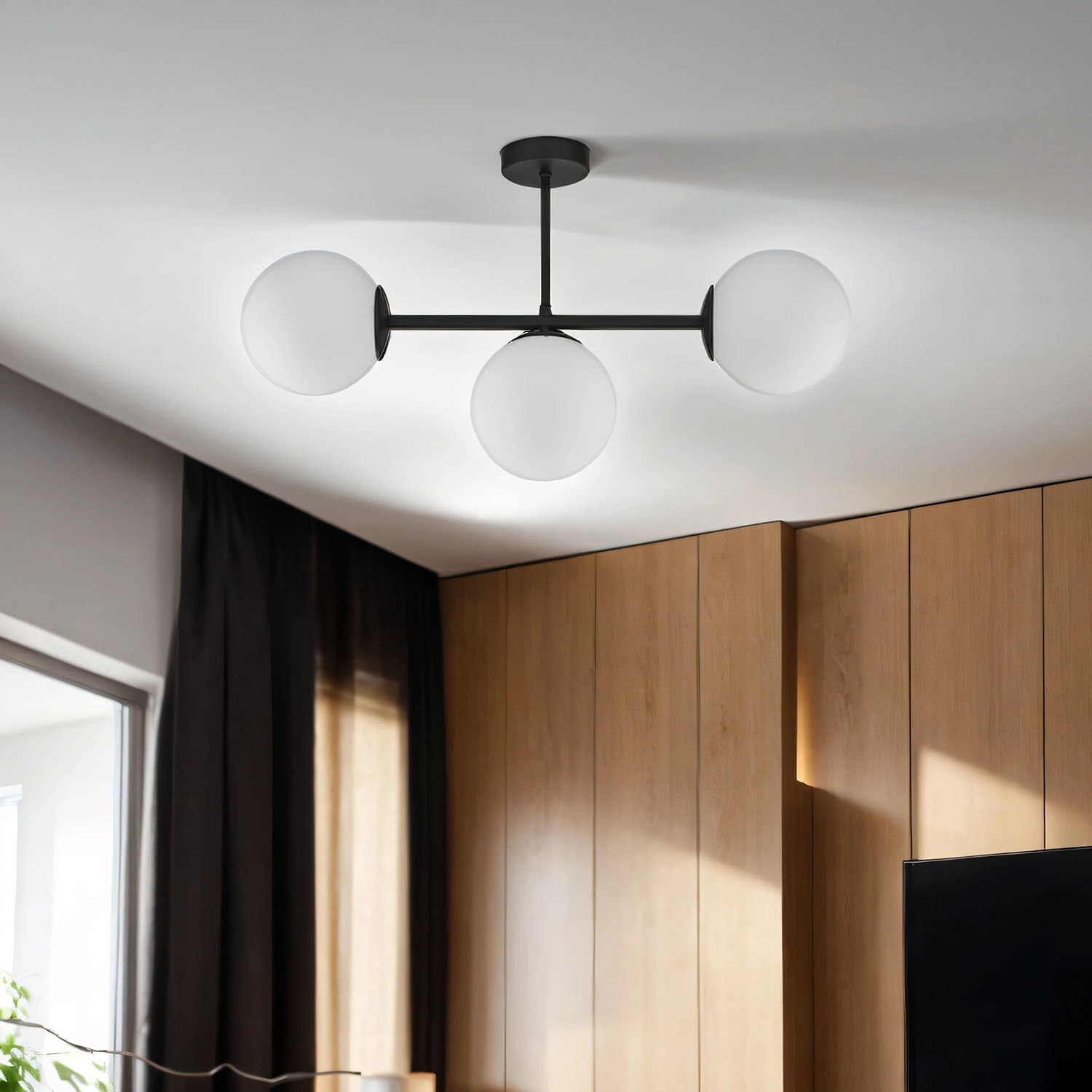 Deckenlampe 3-flammig Schwarz Weiß Glas Metall Drinnen, Innenarchitektur, Deckenleuchte, Deckenventilator, Elektrisches Gerät