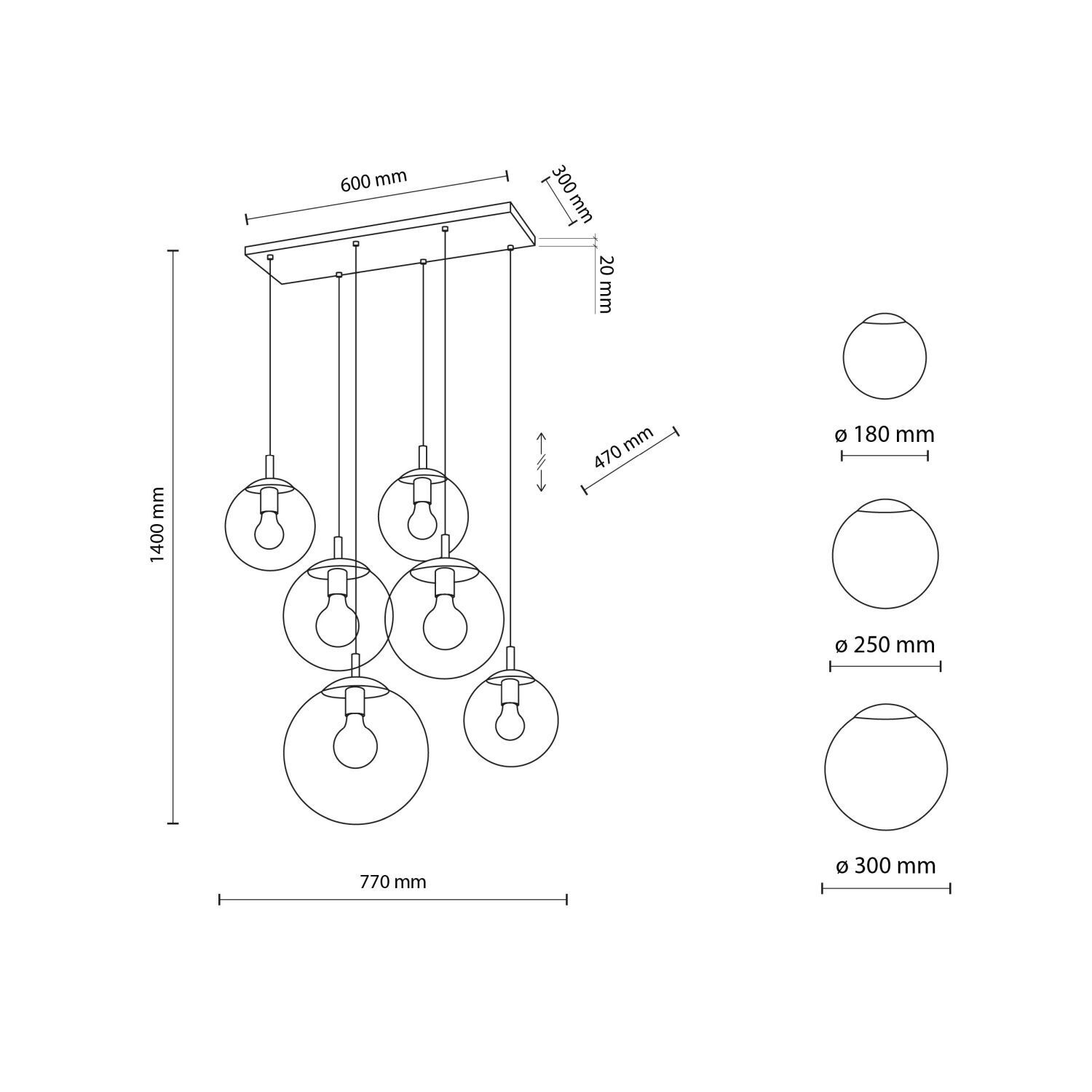 Suspension verre fumé L : 77 cm H : max. 140 cm 6x E27