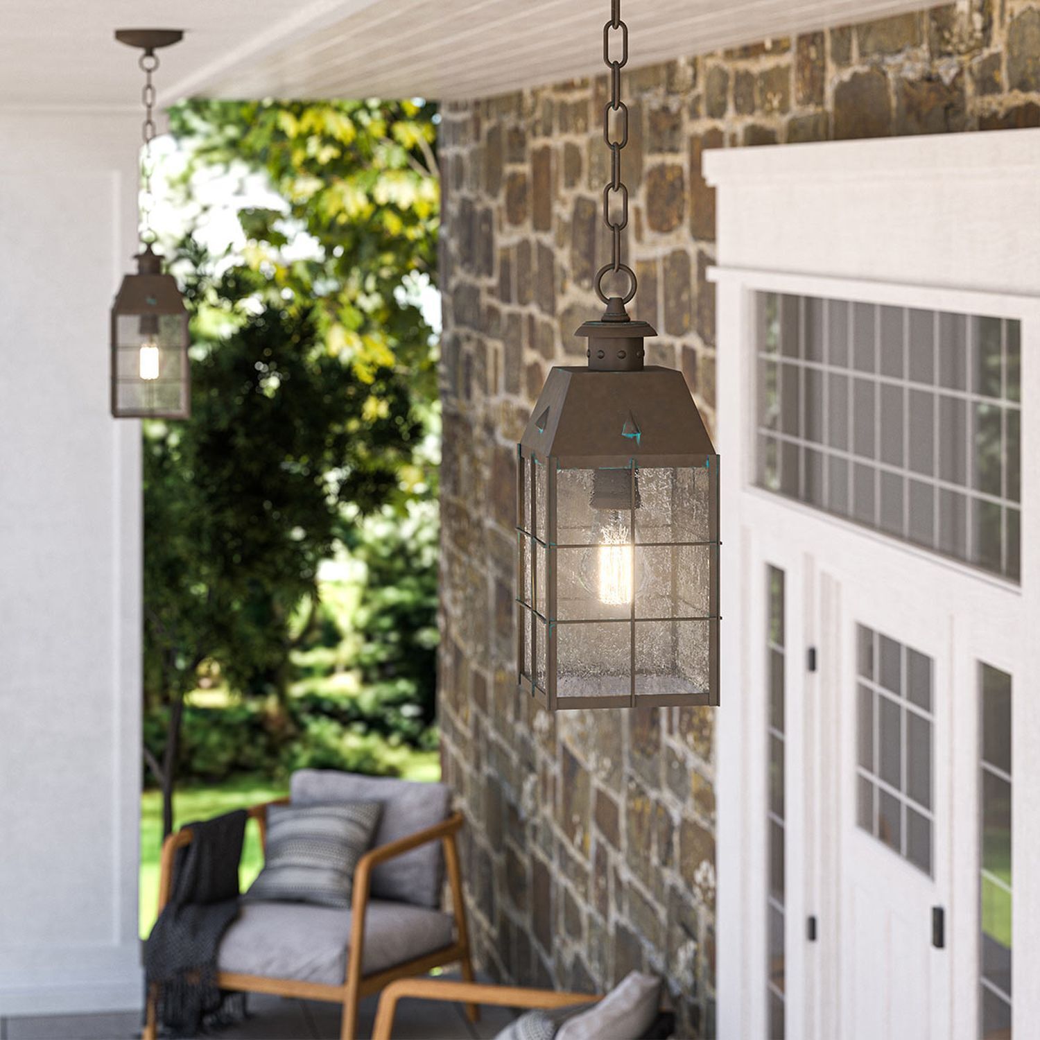 Outdoor Pendelleuchte Messing Glas E27 IP44 H: max. 205,1 cm Hängelampe, Außenlampe, Laterne, Metallgehäuse, Glasfront
