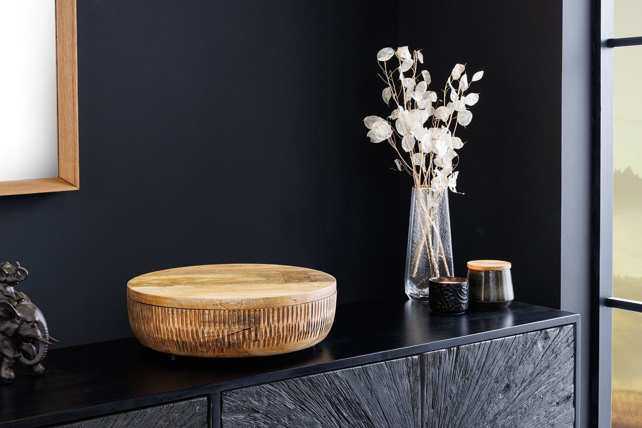 Coupelle décorative en bois massif pièce unique travail manuel Ø 38 cm avec couvercle Drinnen, Innenarchitektur, Mobiliar, Tabelle