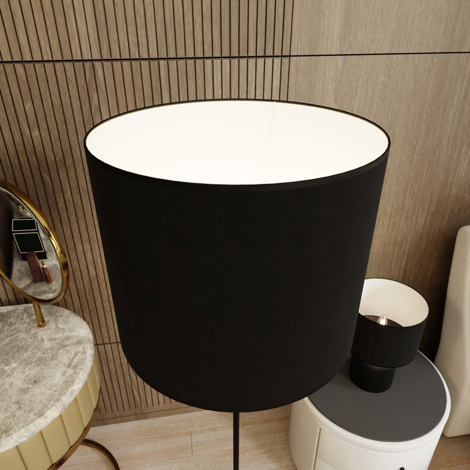 Lampadaire métal tissu 142 cm de haut noir blanc E27 CLARA