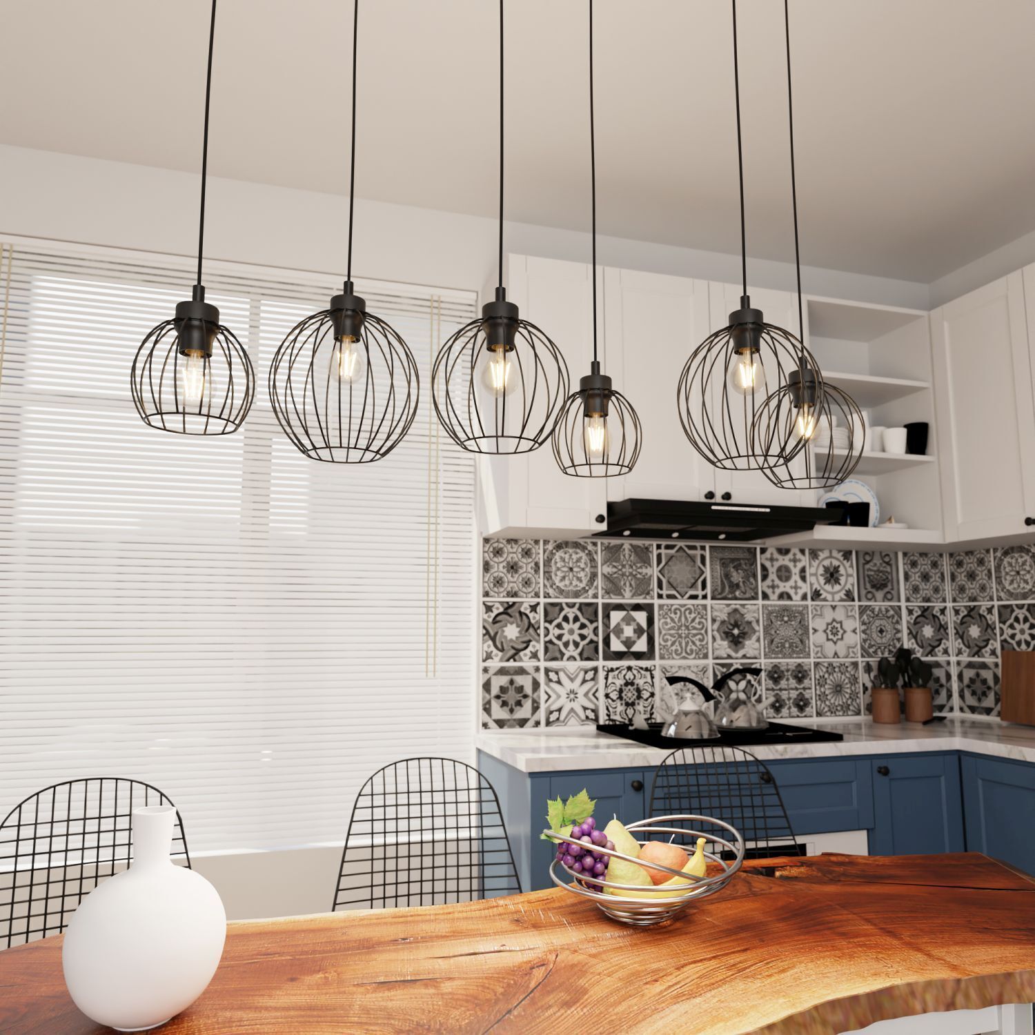 pendant lights, Küchenbeleuchtung, Drahtkörbchen, schwarzmetall, Fliesenrückwand