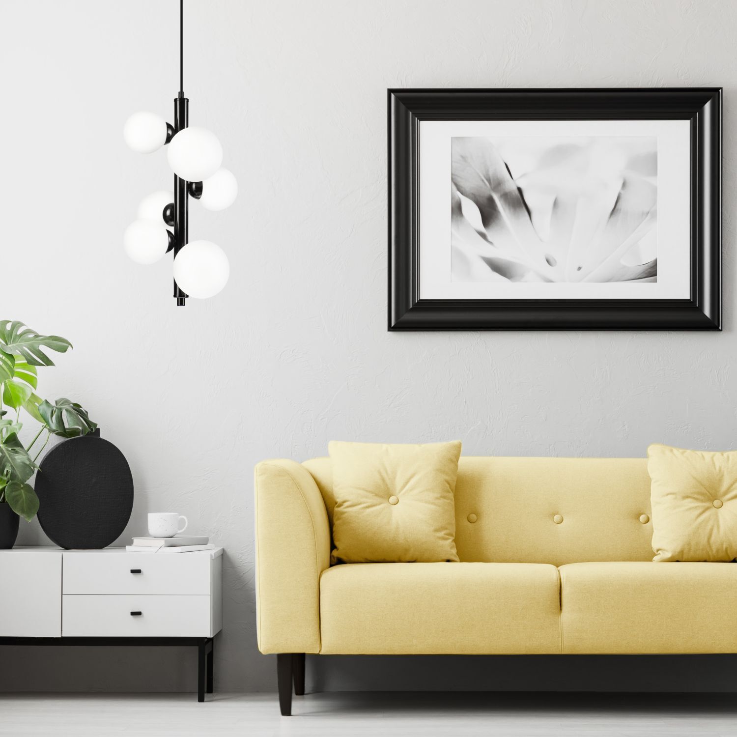 Lampe à suspendre verre métal noir blanc 6 flammes E27 Moderne