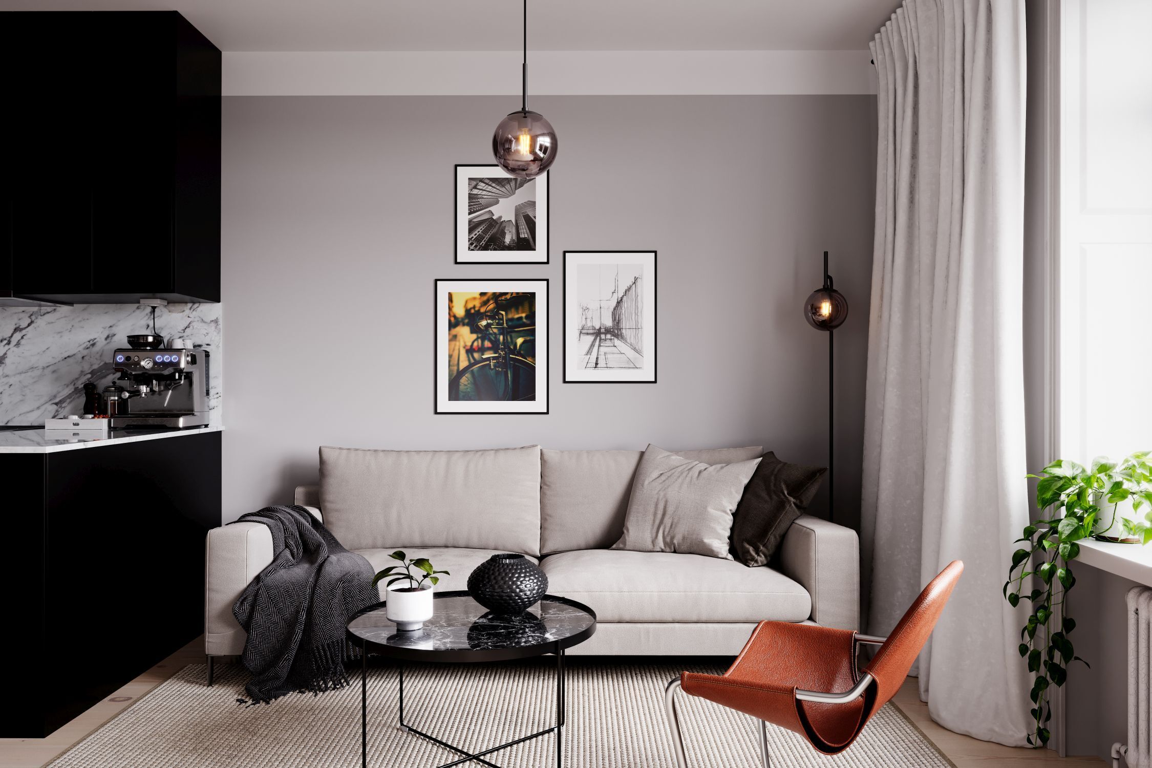 Pendelleuchte Kugelschirm Rauchglas 18 cm breit E27 Retro Wohnzimmer, Sofa, Kaffeetisch, Bilderrahmen, Schwarz-Weiß-Deko