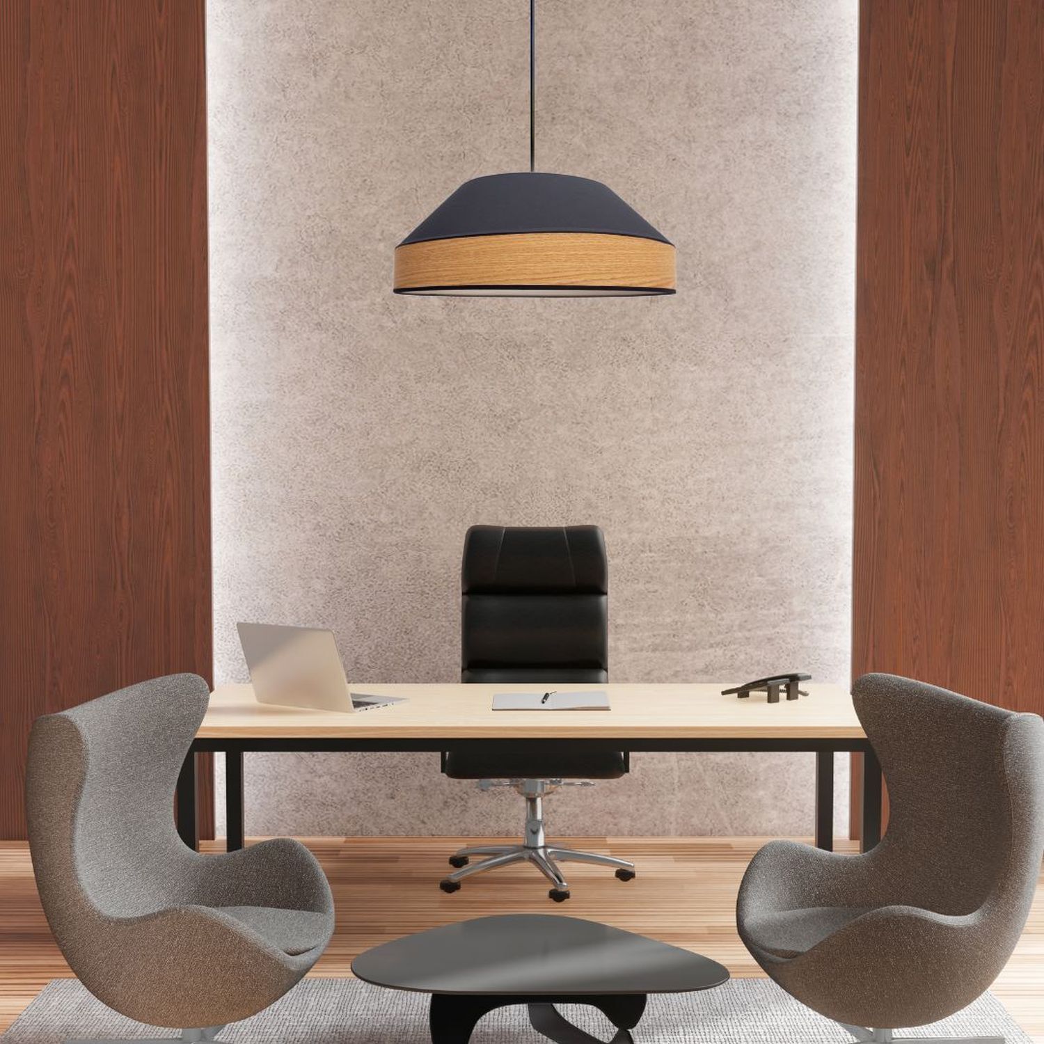 Runde Hängeleuchte Stoff wohnlich Schwarz Natur B:45 cm Schreibtisch, Bürostuhl, Lampe, Runder Tisch, Stuhl