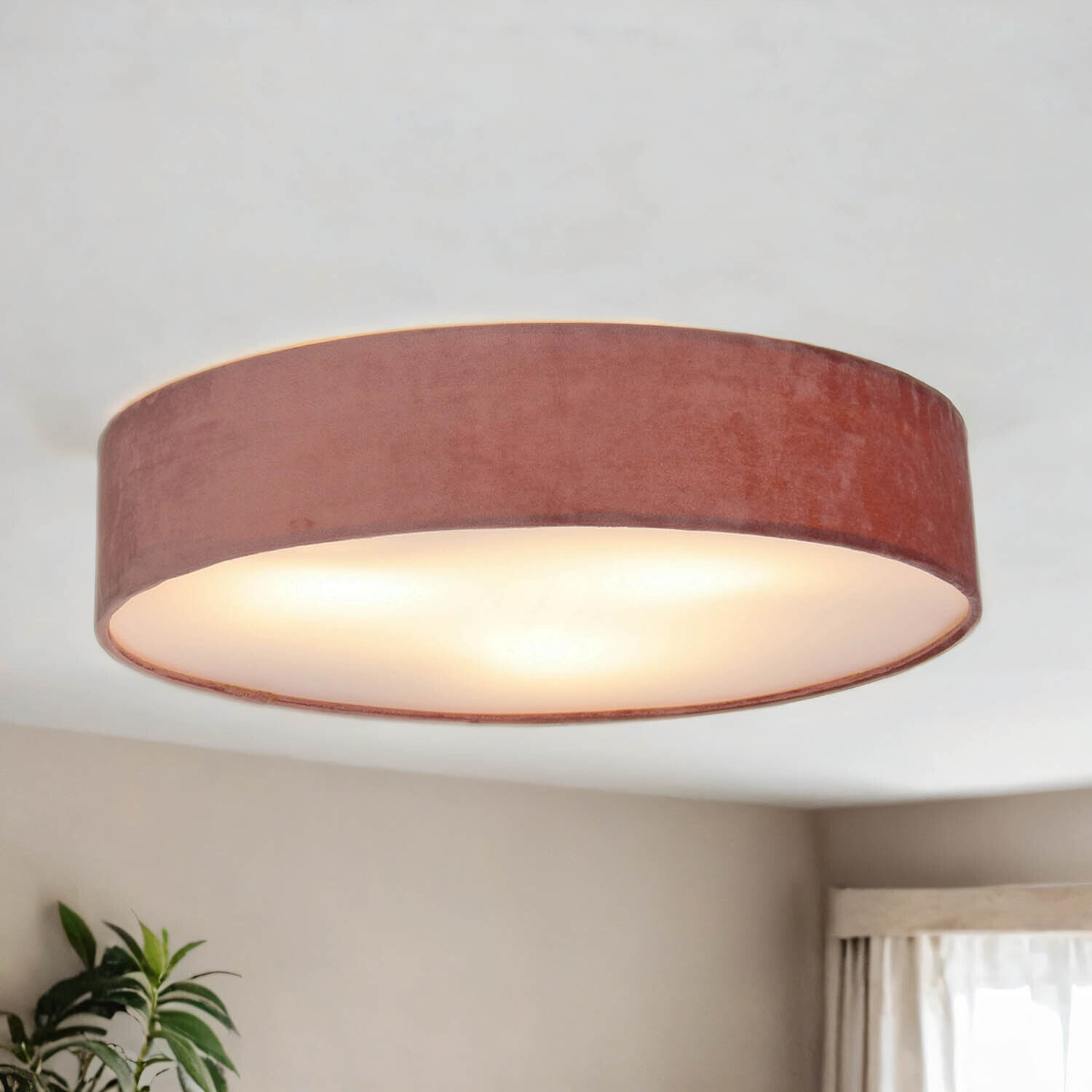 Plafonnier rond Ø 50cm H : 10cm Abat-jour rose velours 3x E27