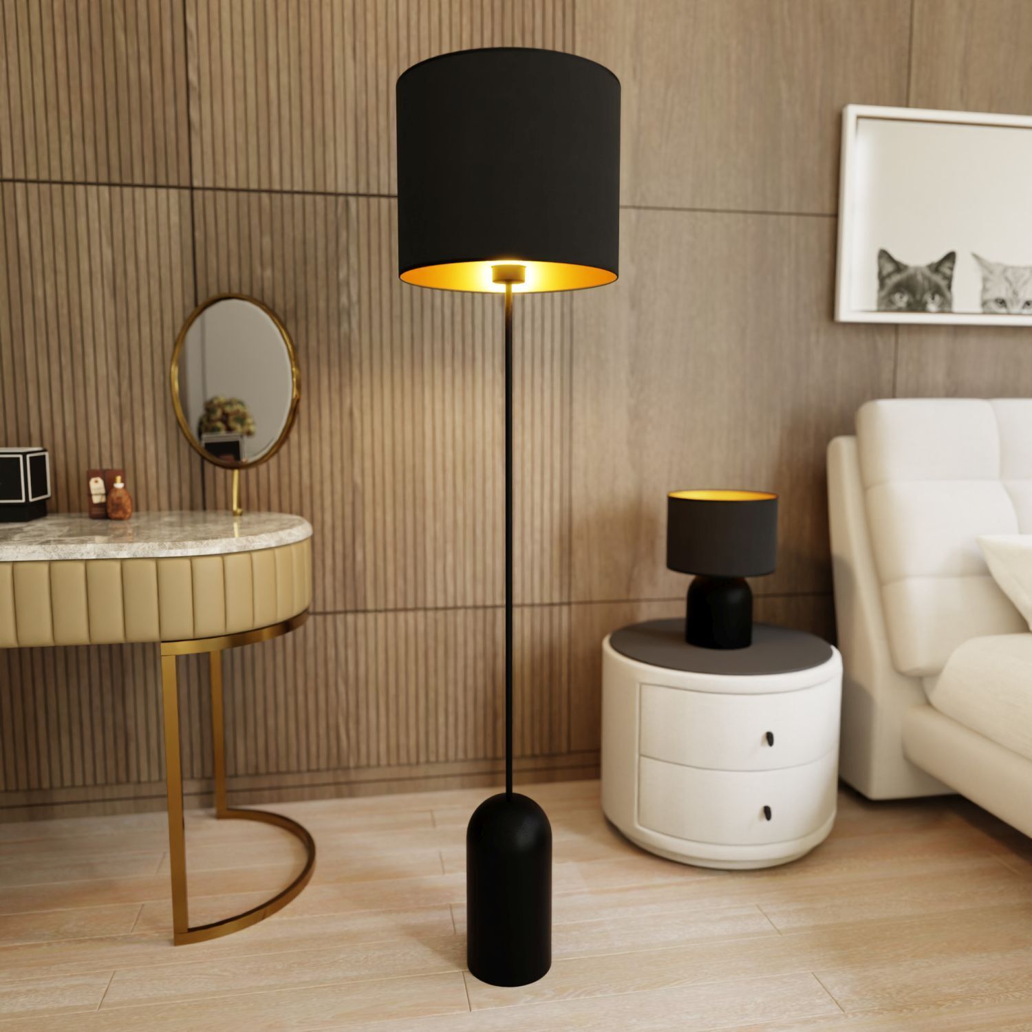 Lampadaire métal tissu 142 cm en noir or E27
