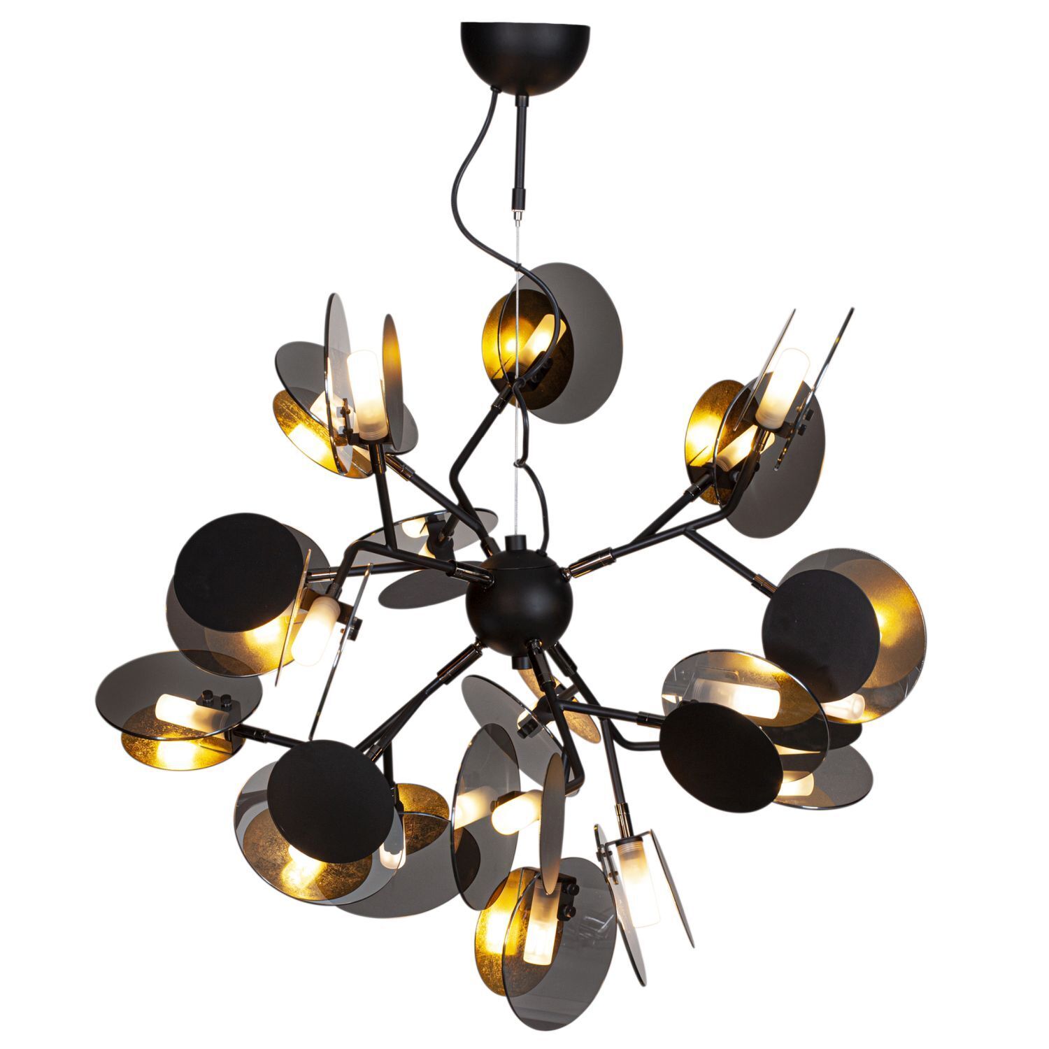 Suspension métal verre largeur 80 cm noir or 8x G9