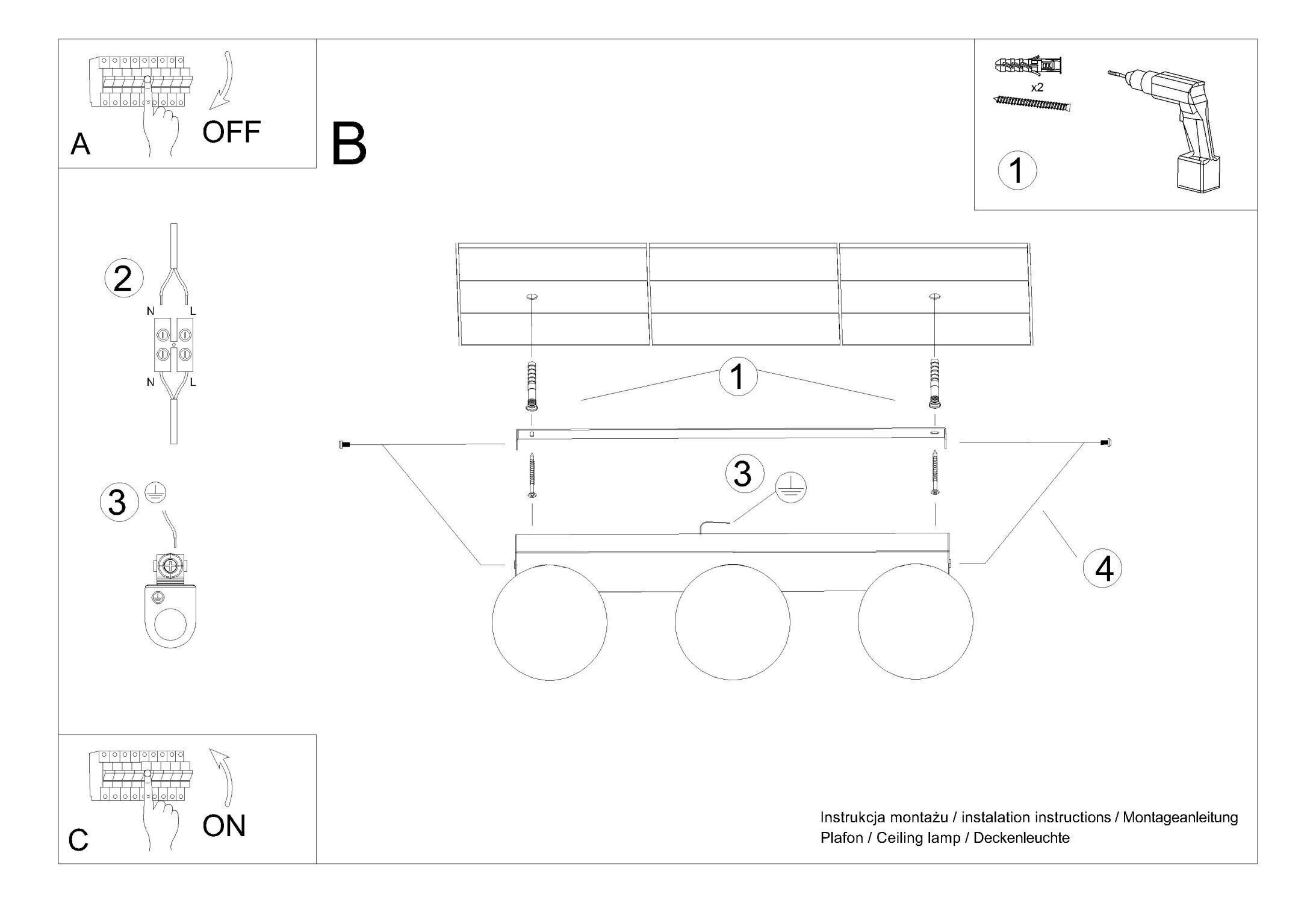 Deckenlampe Schwarz Weiß 3-flammig 50 cm lang RAMSI CAD-Diagramm, Diagramm
