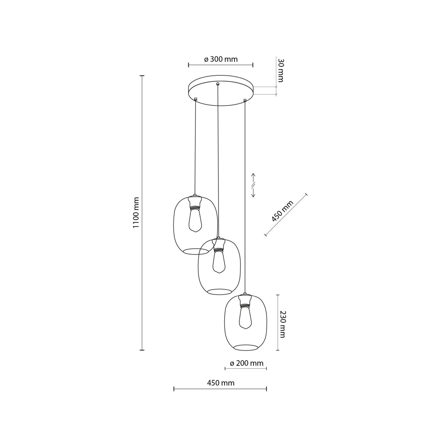 Lampe à suspendre verre fumé H : max. 110 cm Ø 45 cm 3-flamme E27