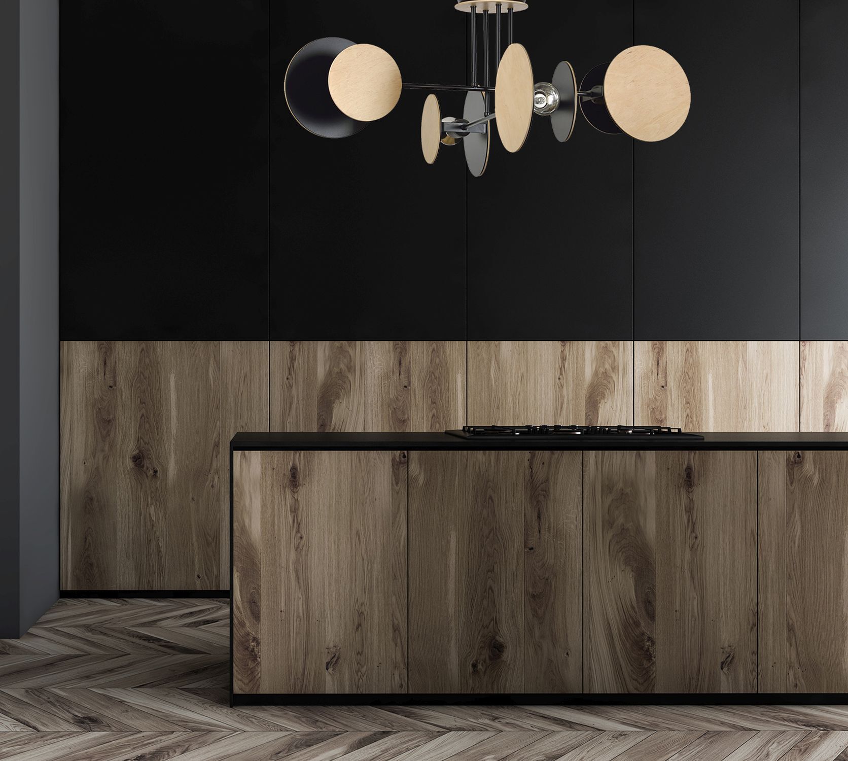 Plafonnier design XXL noir métal bois 4x E27