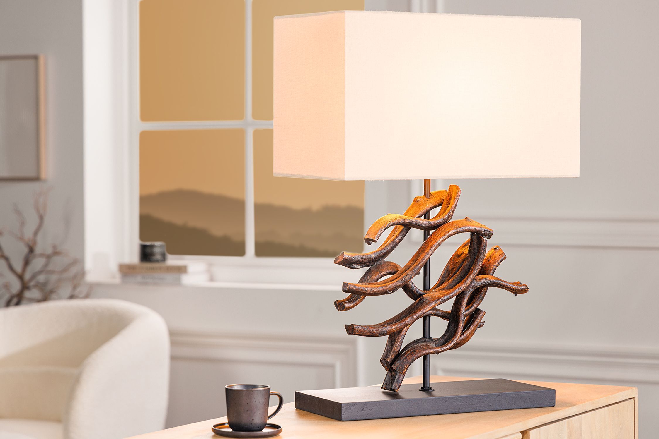Lampe de table bois tissu caoutchouc 57 cm E27 anti-éblouissement